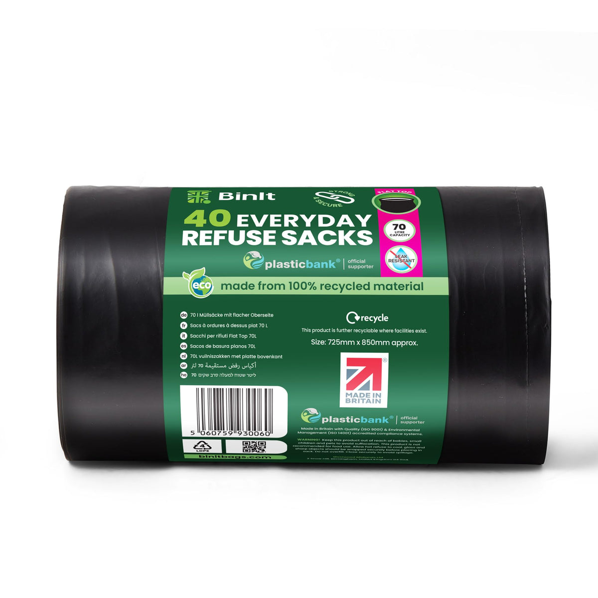 BinIt 20 Wheelie Bin Liners 240 Litre, Eco-Friendly, Bin Bags, Refuse Sacks, Recycled, Strong & Secure, Tear Resistant, 30 μm, Perfect for Standard 240L Wheelie Bins