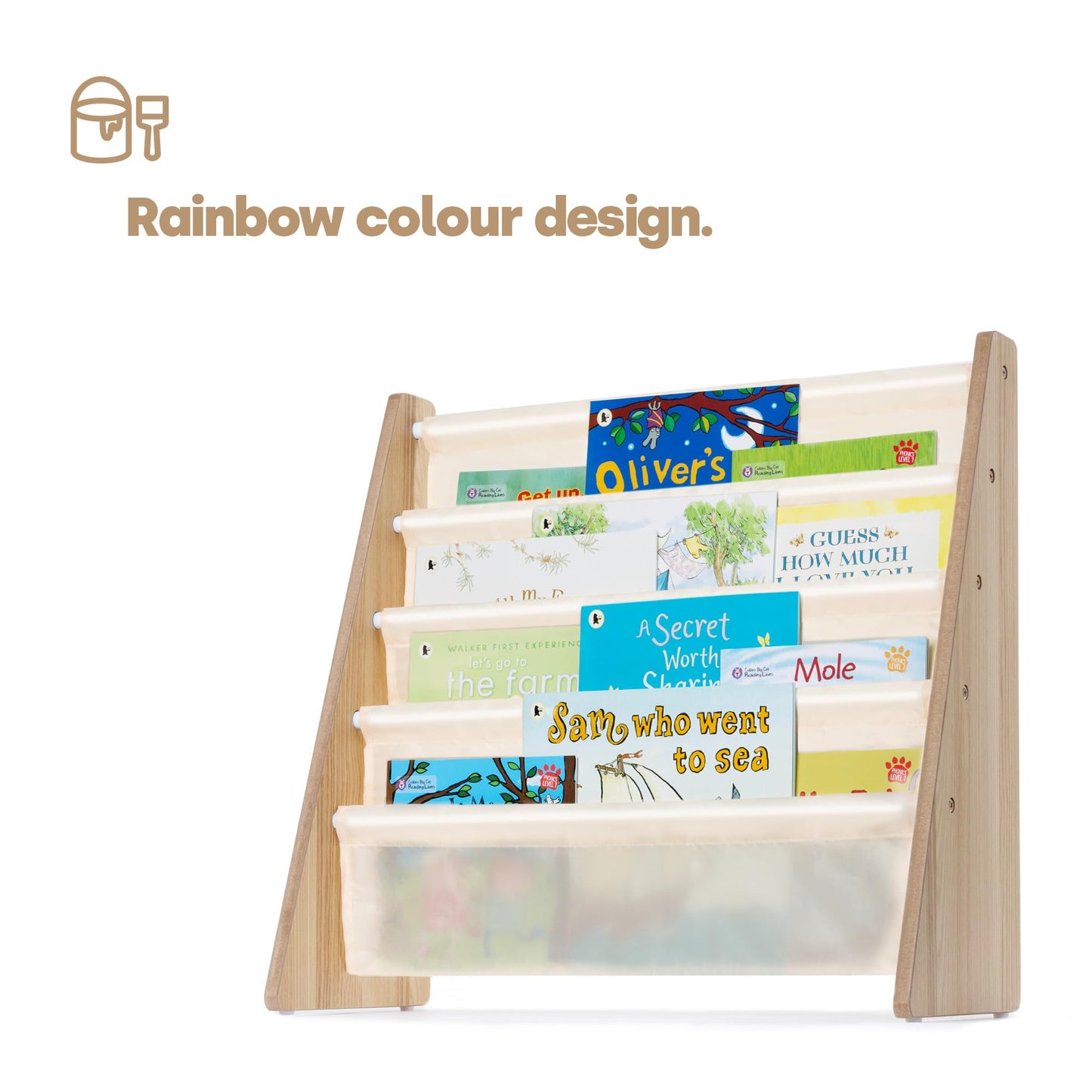 LIVIVO Colorful Kids Bookshelf - 4 Tier Children's Bookcase, Magazine and Book Storage Rack, Wooden Sling Book Organizer, Book Shelf for Kids Room, Bedroom, Nursery, Playroom (Natural)