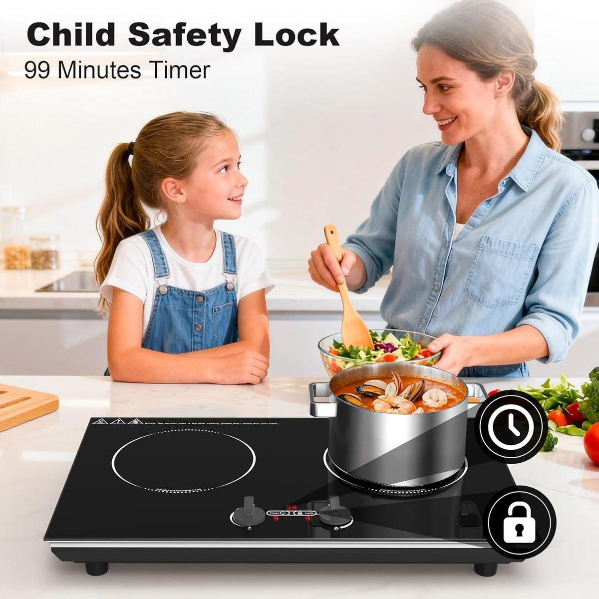 VBGK Double Induction Hob,220V 3600W 2 Ring Induction Hob with Knob Control,9 Power Levels, Kids Lock & Timer,LED Touch Control,Overheat Protection