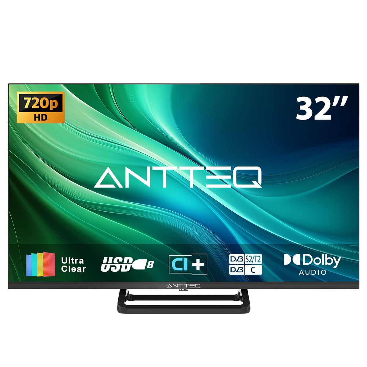Antteq 32 Inch TV, Central Stand Design TV 720P Freeview HD Dolby Audio DVB T2/S2 LED Television, HDMI USB Media Player Monitor PS5 Xbox, Standard Nonsmart TV Small Screen for Bedroom Kitchen Black