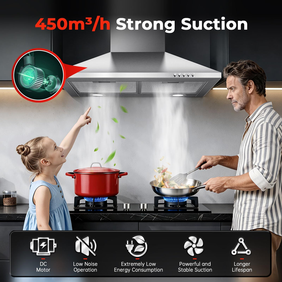 SNDOAS Chimney Cooker Hood 90cm, 3-Speed, Recirculating & Ducting