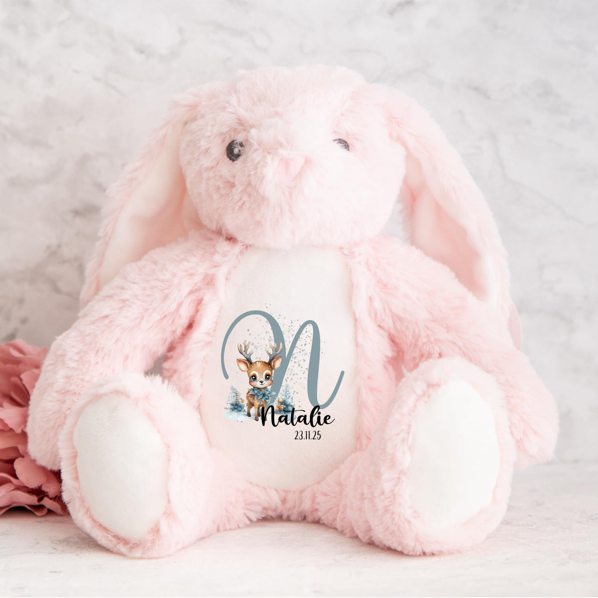 Crafted Memories - Personalised Teddy | Velveteen Bunny Soft Toy | Customisable Name for Newborns | Keepsake for Boys & Girls | Baby Shower Item | Pink Initial | Grey or White, 20-23cm