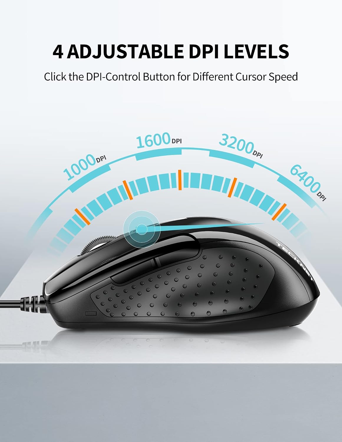 TECKNET USB Wired Mouse, 6400 DPI Mice 4 Adjustable DPI with 6-Button Corded, Optical Computer Mouse with Ergonomic Design for Laptop, Chromebook, PC, Desktop, Mac, Notebook