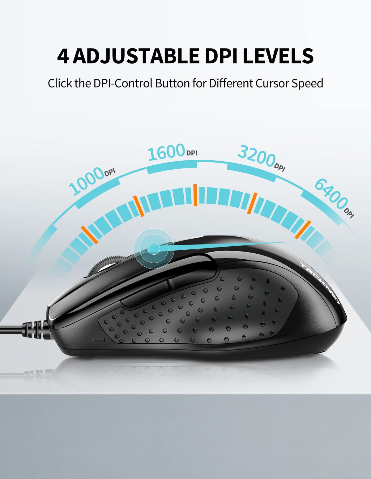 TECKNET USB Wired Mouse, 6400 DPI Mice 4 Adjustable DPI with 6-Button Corded, Optical Computer Mouse with Ergonomic Design for Laptop, Chromebook, PC, Desktop, Mac, Notebook