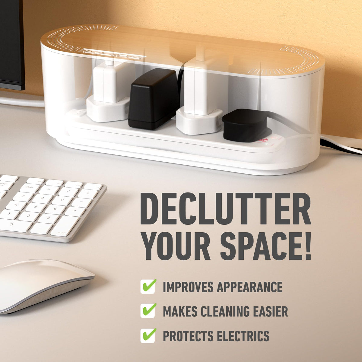 D-Line Cable Tidy Box, Hide & Conceal Extension Blocks, Desk Cable Management Solution, TV Wire Tidy, Made from Electrically Safe ABS Material - 325mm (L) x 125mm (W) 115mm (H) - Small, White