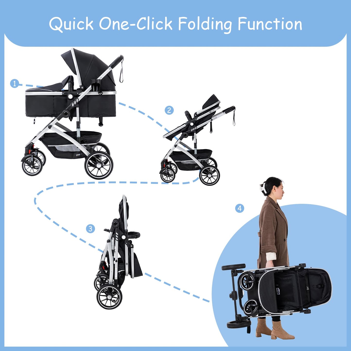 Baby Stroller 3 in 1,Travel Pushchair's Lie-Flat Pram is Foldable, Stroller System Handle is Adjustable, The Wheels are Made of PU Material, Suitable for 0-3 Years-Khaki
