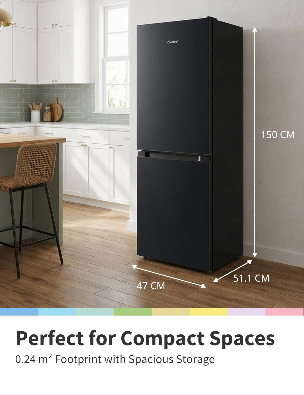 COMFEE' 87L Under Counter Fridge Freezer, Reversible Door, RCT87BL2(E)