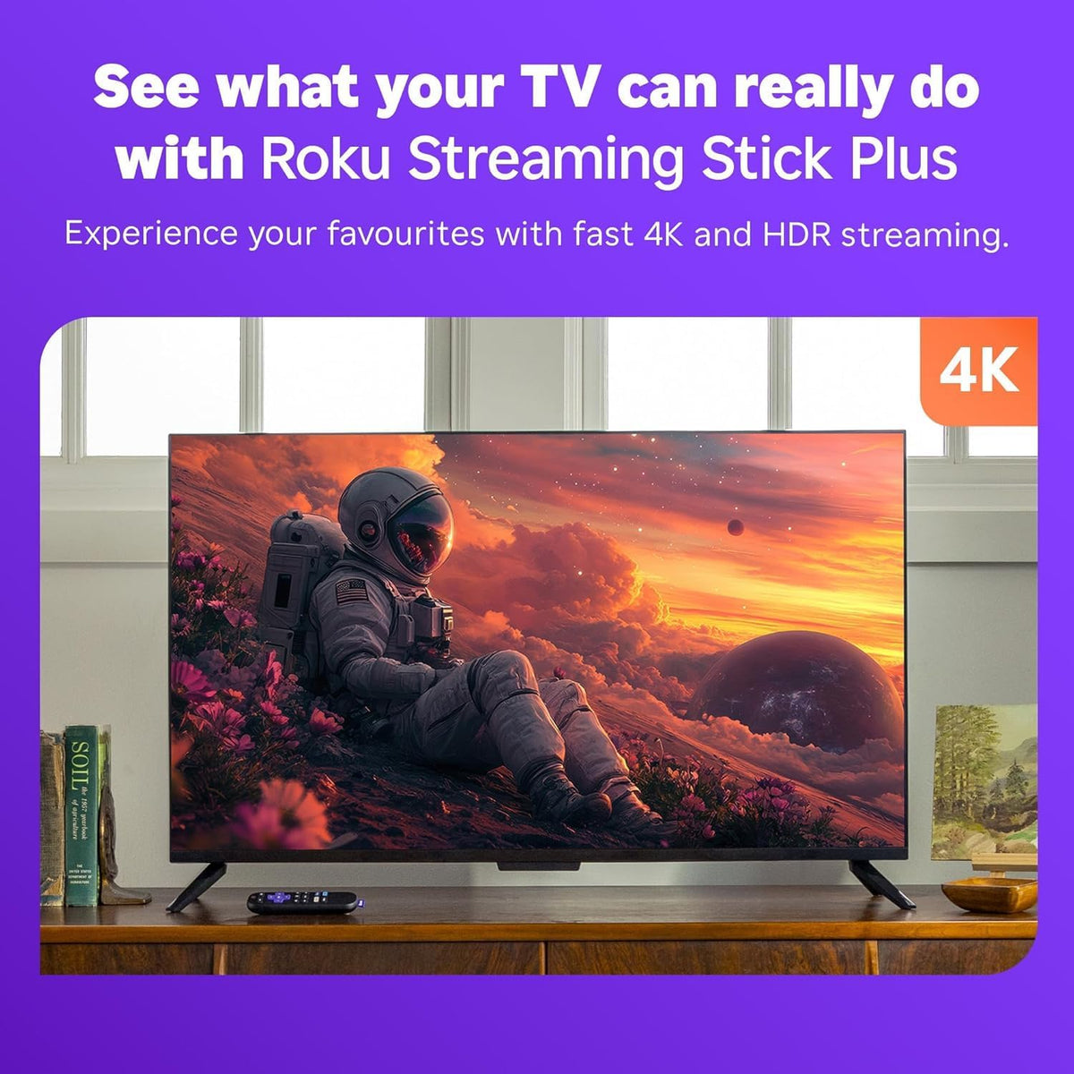 Roku® Streaming Stick™ Plus 2025 – 4K and HDR Roku Streaming Device for TV with Voice Remote – Free and live TV