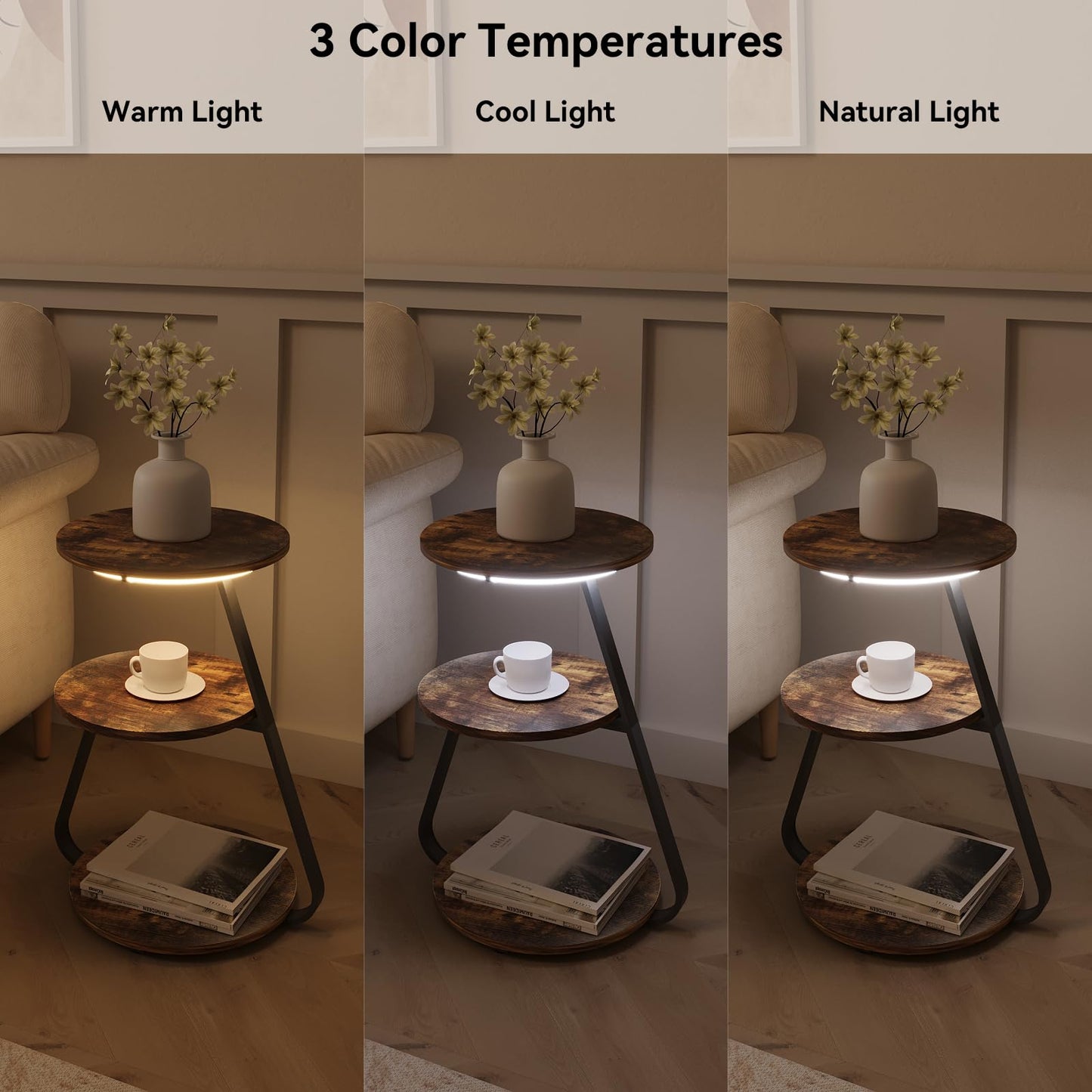 ARTETHYS Side Table, Small Round Coffee Table with 3 Color LED Lights, End Table with 3 Tier Storage Shelves, Bedside Sofa Side Tables for Living Room Bedroom, Rustic Brown