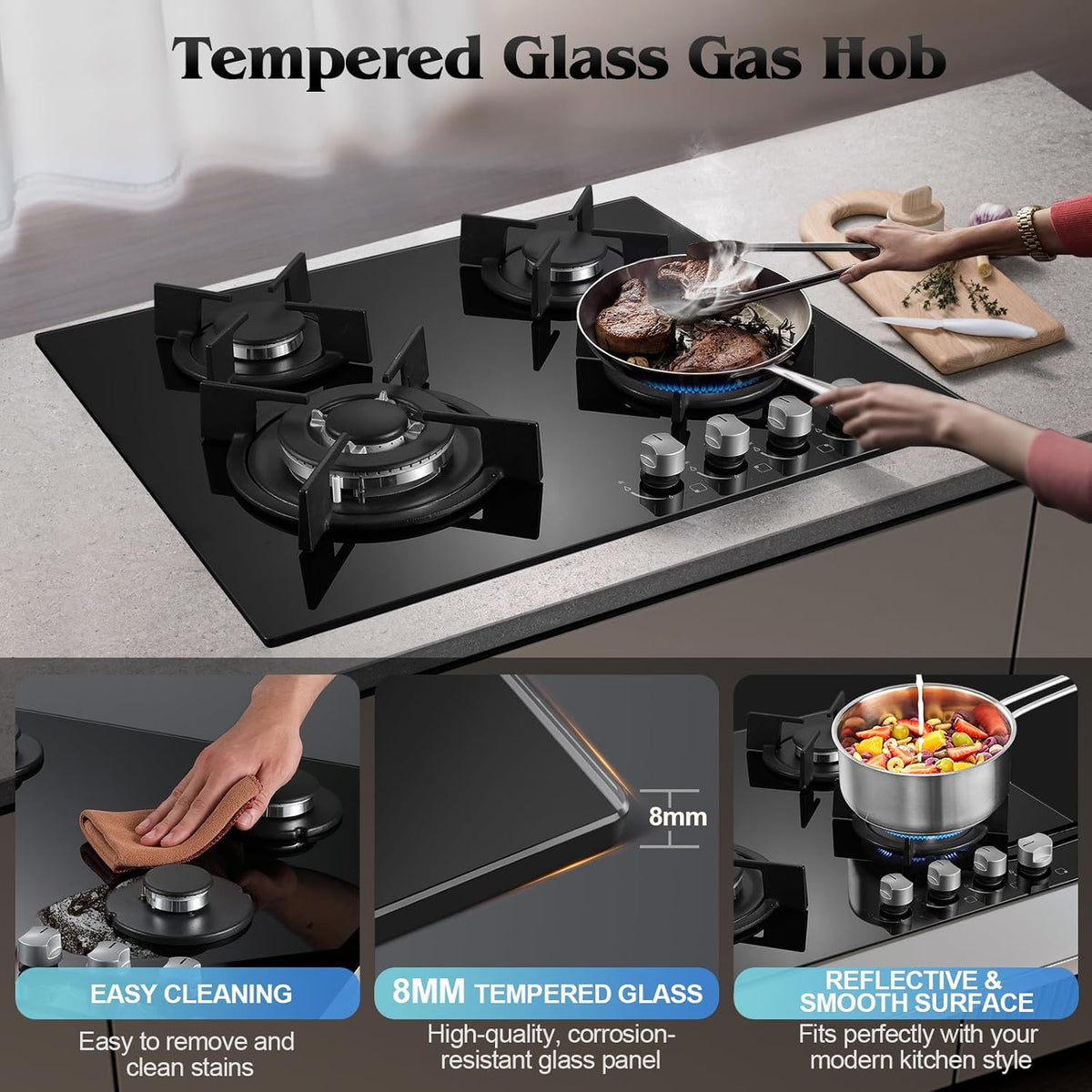 TopStrong Gas Hob 4 Burners, 60cm Black Glass Built-in Cooktop with 8060W Wok Burner & Thermocouple Protection, Natural Gas & LPG Compatible