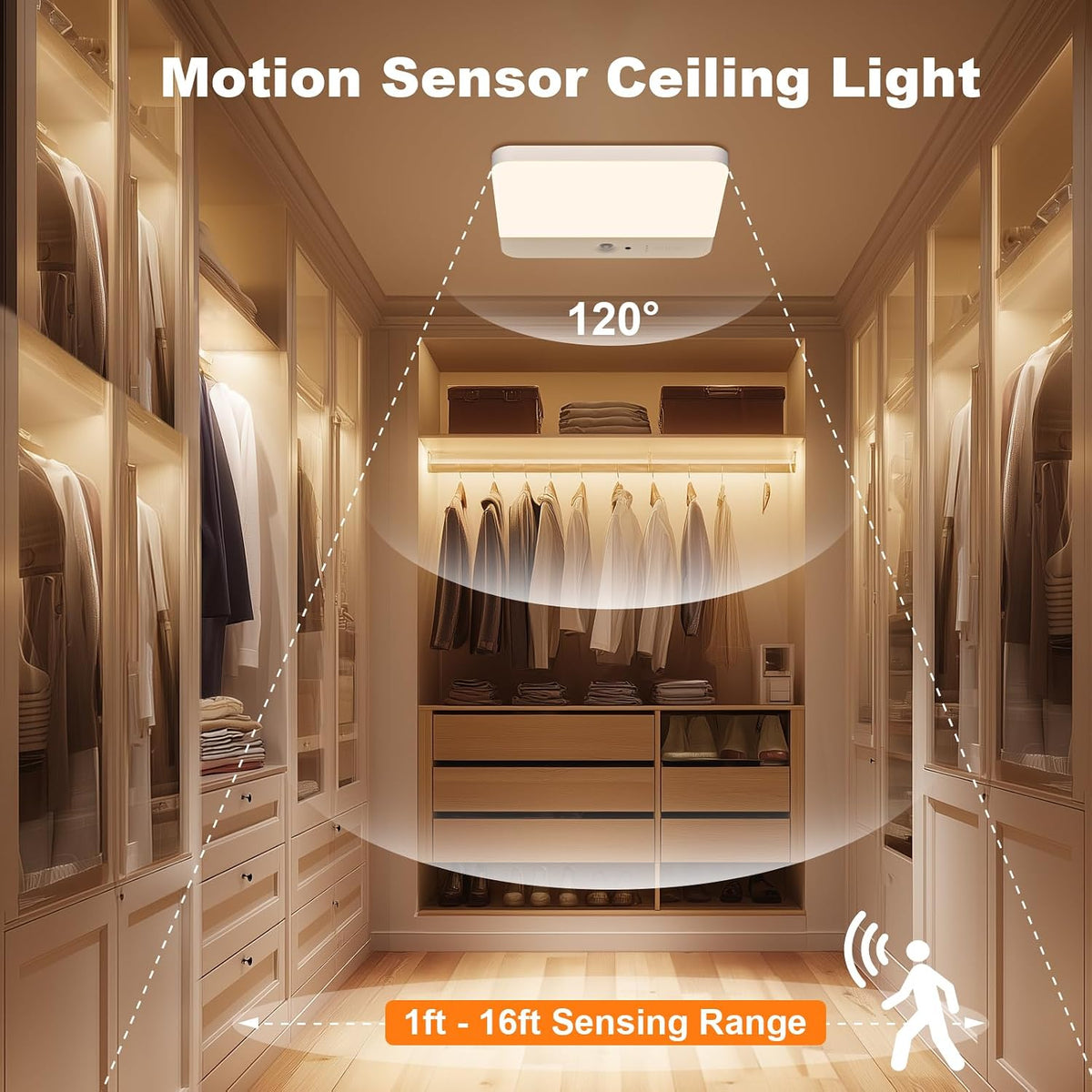 Motion Sensor Rechargeable LED Ceiling Light, Size 7.3", White, 1PCS