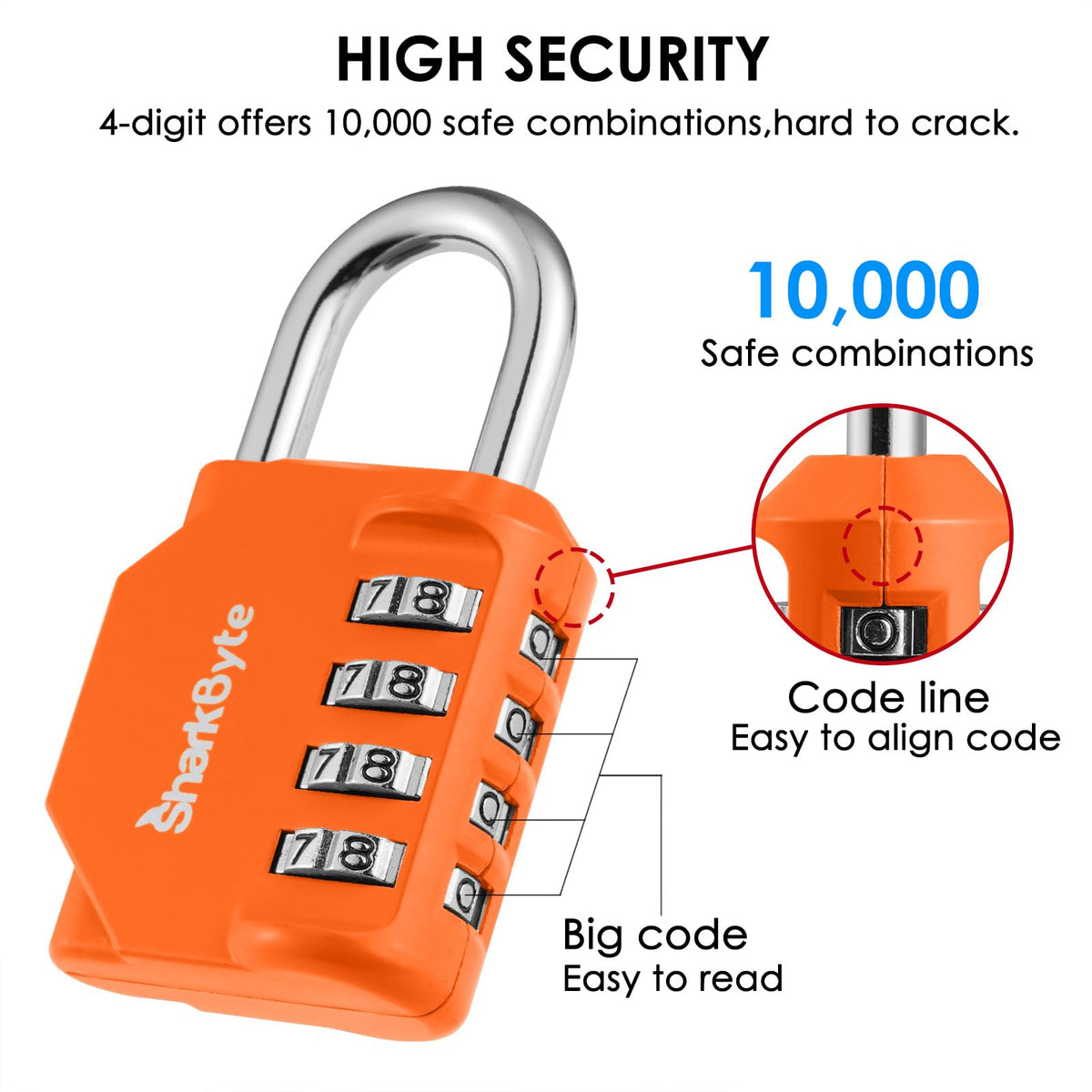 SharkByte Heavy Duty Combination Padlock – 4-Digit Weatherproof Outdoor Lock with Stainless Steel Shackle, Anti-Rust Resettable Code for Gym, School, Locker, Shed, Toolbox, Gate & Warehouse - Red
