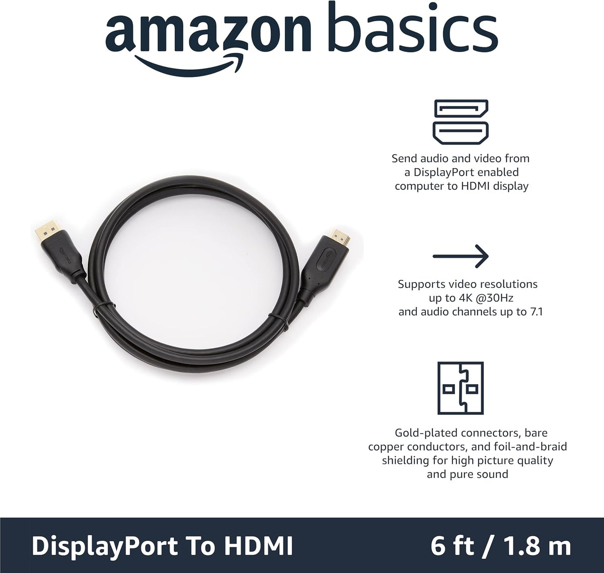 Amazon Basics DisplayPort to HDMI Display Cable, Uni-Directional, 4k@30Hz, 1920x1200, 1080p, Gold-Plated Computer Monitor Projector Plugs, 6 foot - Pack of 10, Black