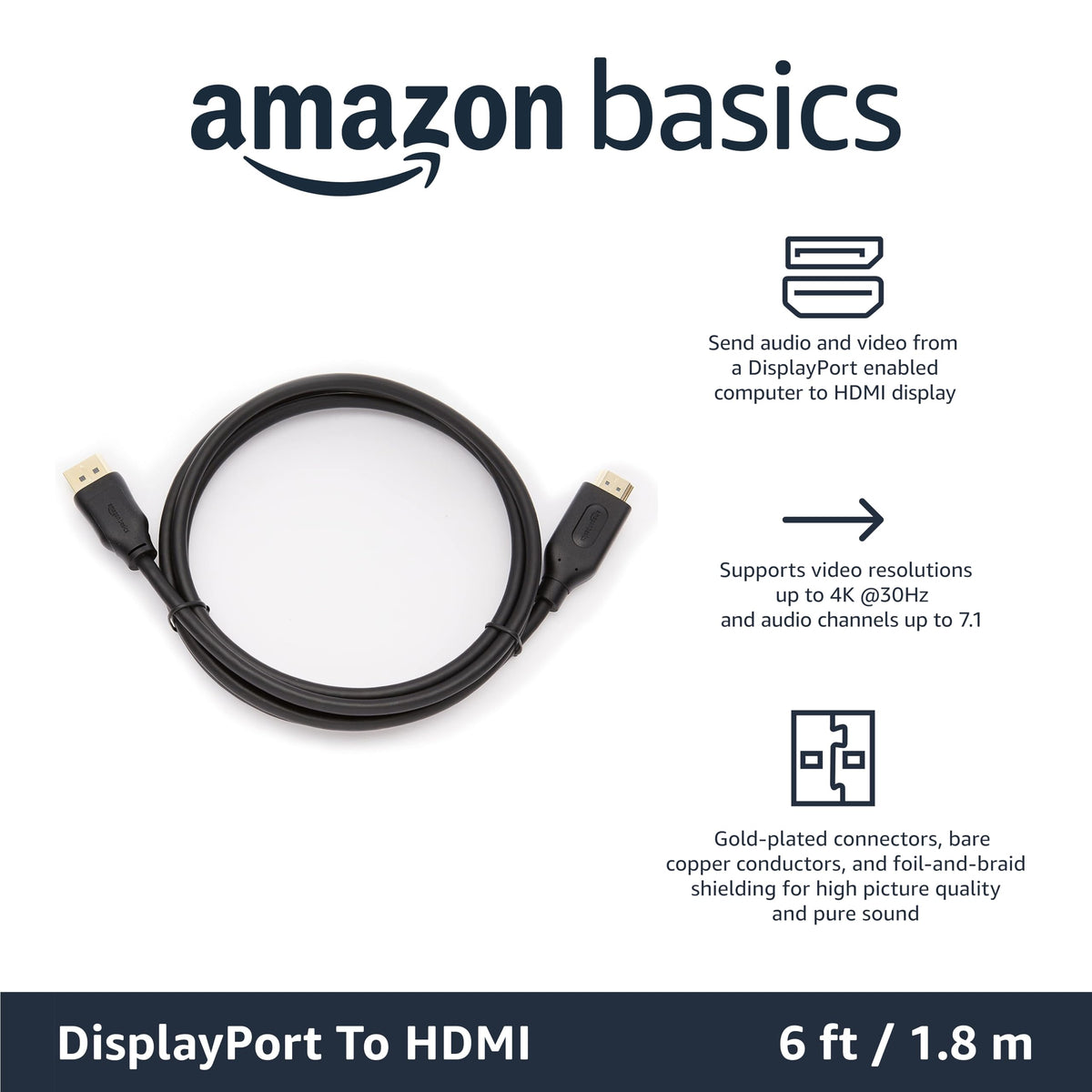 Amazon Basics DisplayPort to HDMI Display Cable, Uni-Directional, 4k@30Hz, 1920x1200, 1080p, Gold-Plated Computer Monitor Projector Plugs, 6 foot - Pack of 10, Black