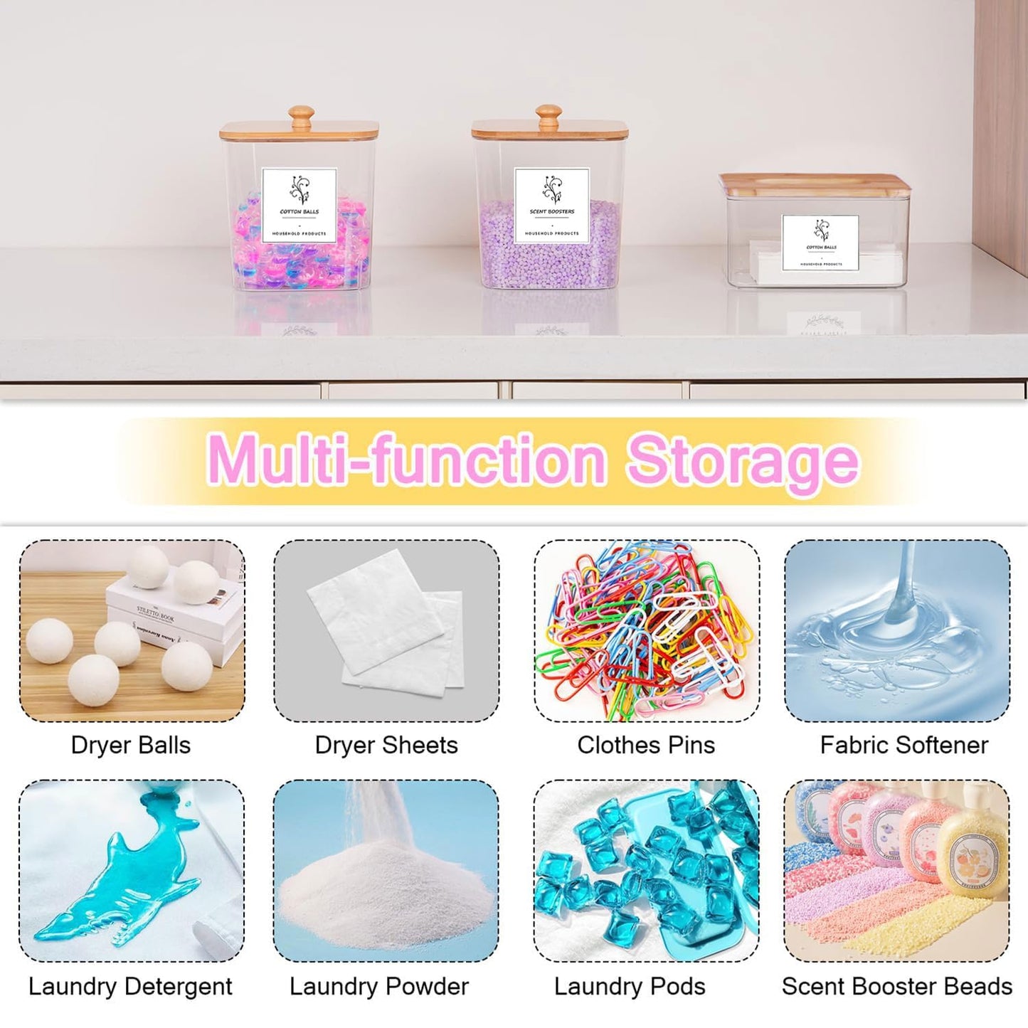 3-Pack Clear Laundry Pods Storage Container with Bamboo Lid, Labels & Scoop – Washing Pods Holder for Powder, Dishwasher Tablets, Scent Booster – Laundry, Bathroom, Kitchen Organization(Square)