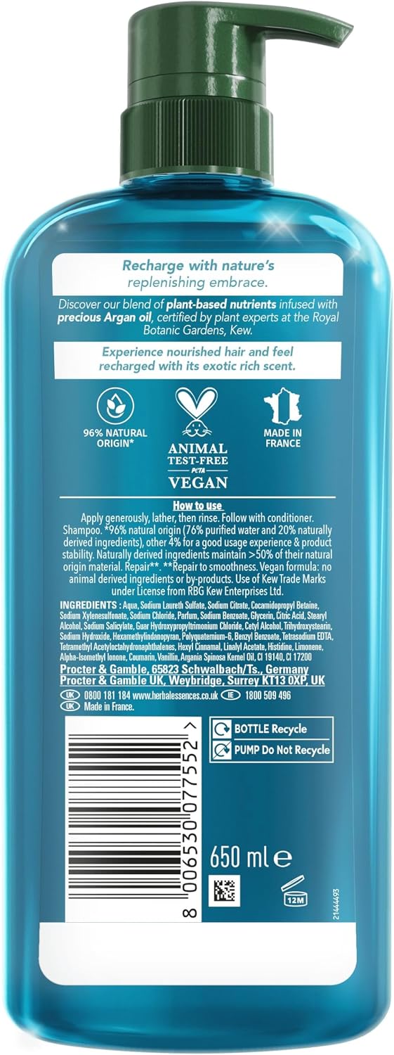 Herbal Essences Repair Moroccan Argan Oil Shampoo 650ml for Damaged Hair. Intense Nourishment for Softer, Smoother Hair. With Pure Argan Oil. Silicone-Free, Vegan and Cruelty Free