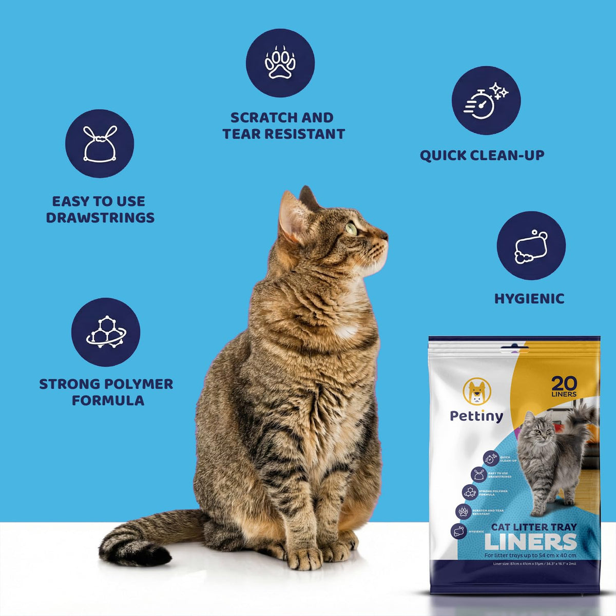 Pettiny 20 XL Cat Litter Tray Liners with Drawstrings Scratch Resistant Bags for Extra Large Litter Box