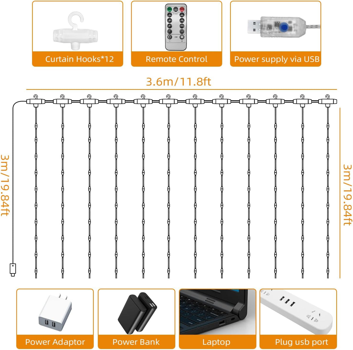 Jsdoin Curtain Fairy Lights, 3.6m x 3m 360leds USB Operated 8 Modes String Light Indoor Waterproof Hanging Window Lights with Hooks for Christmas, Wedding, Party,Wall, Home Decorations (Warm White)