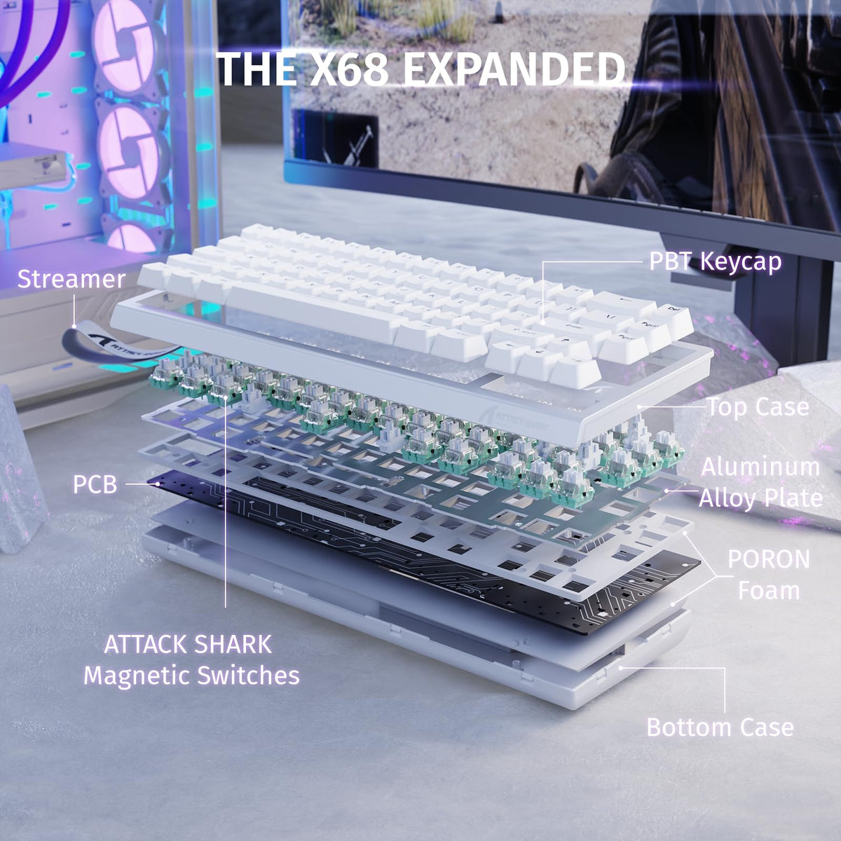ATTACK SHARK X68 HE 8000Hz Rapid Trigger Keyboard, 0.01mm RT Accuracy Wired Gaming Keyboard with Magnetic Switch, Adjustable Actuation, Rapid Trigger, Snap Tap, RGB Lighting for PC/Mac, Black