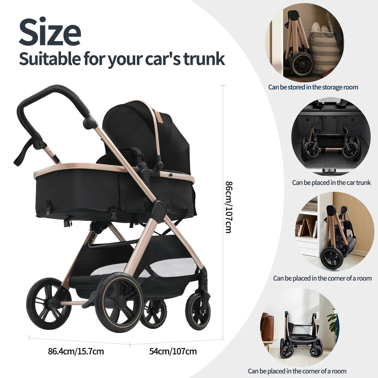 PU Leather 3 in 1 Pushchair Travel System, Toddler Stroller, Baby Pram 3 in 1, Infant Carriage with One-Click Folding, Newborn Buggy with Aluminum Frame (V6 Black)