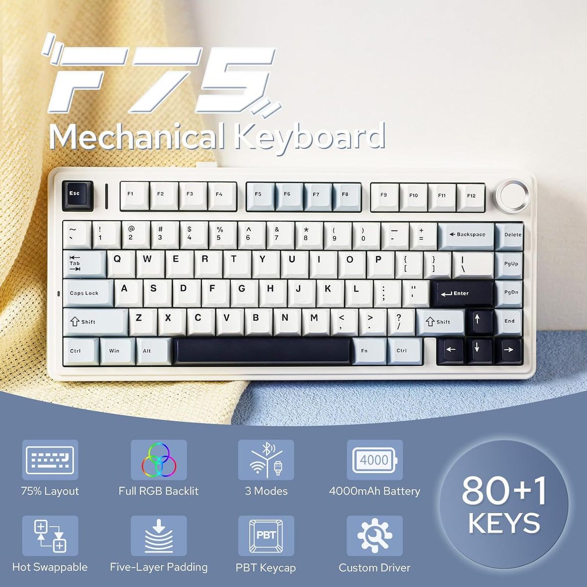 EPOMAKER AULA F75 Wireless Mechanical Gaming Keyboard, 75% Layout with Knob