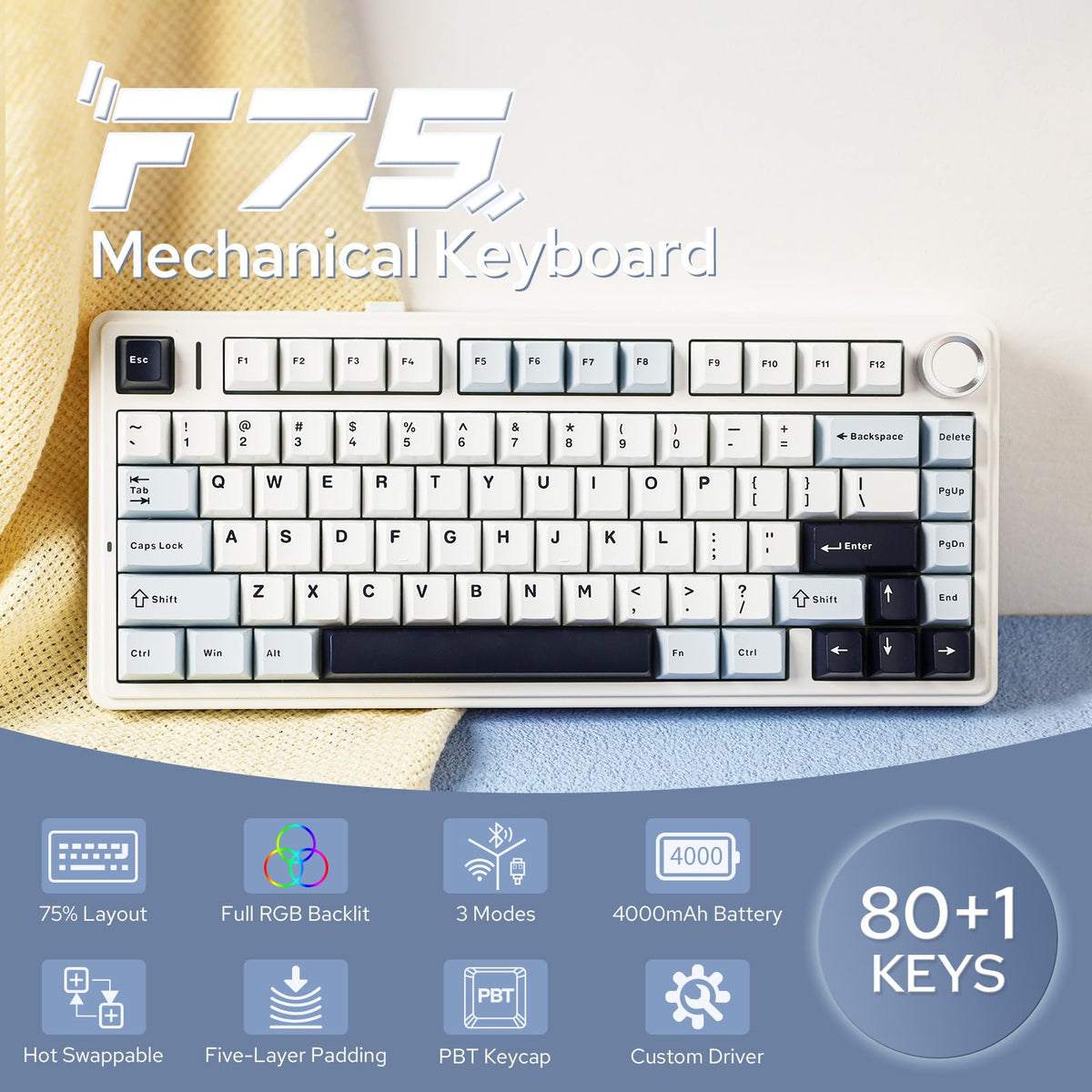 EPOMAKER AULA F75 Wireless Mechanical Gaming Keyboard, 75% Layout with Knob