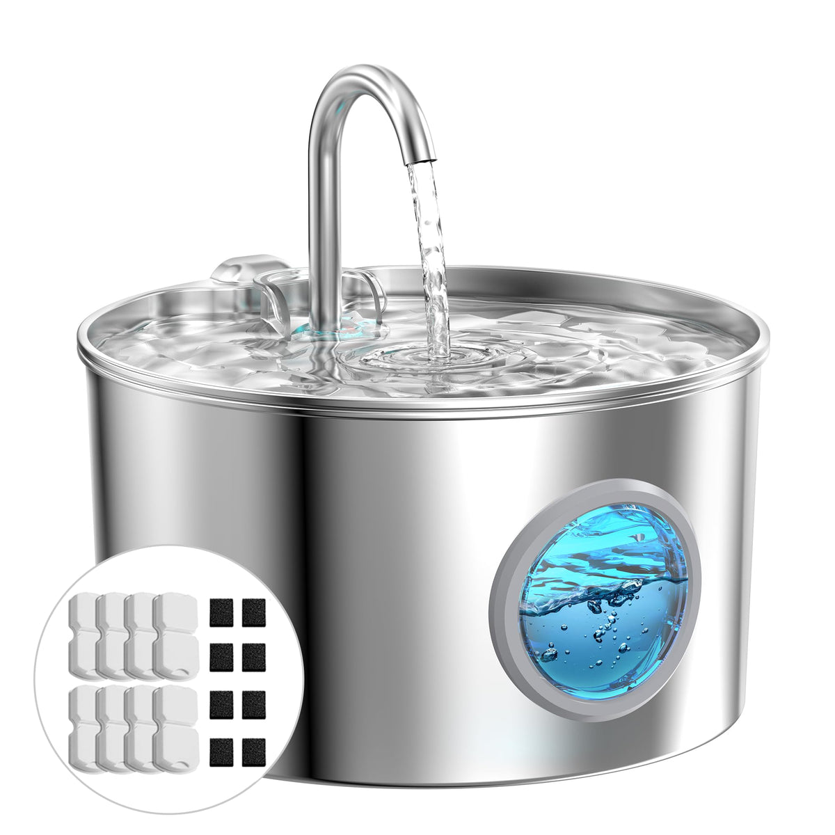 Cat Water Fountain Stainless Steel: Water Fountain Cat Bowl - 3.2L Drinking Fountains for Cats - Pet Water Dispenser - with 6 Carbon Filters + 3 Sponges