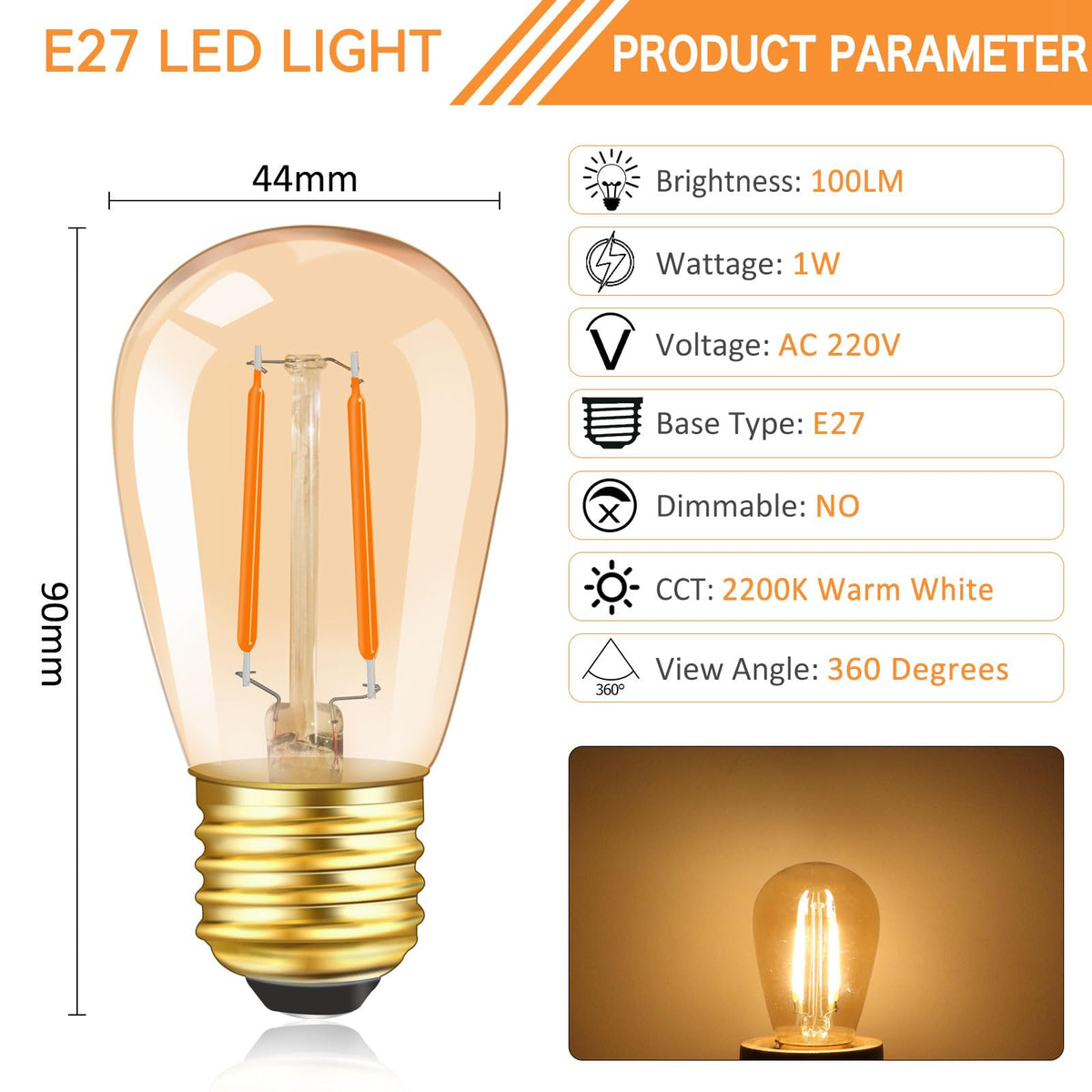 Caldarax 0.5W E14 LED Vintage Night Light Bulb, Mini C7 LED Filament Candle Bulbs Amber Warm White 2200K E14 Orange SES Small Edison Screw Salt Lamp Bulbs, 5W Equivalent, Non Dimmable, 2 Pack