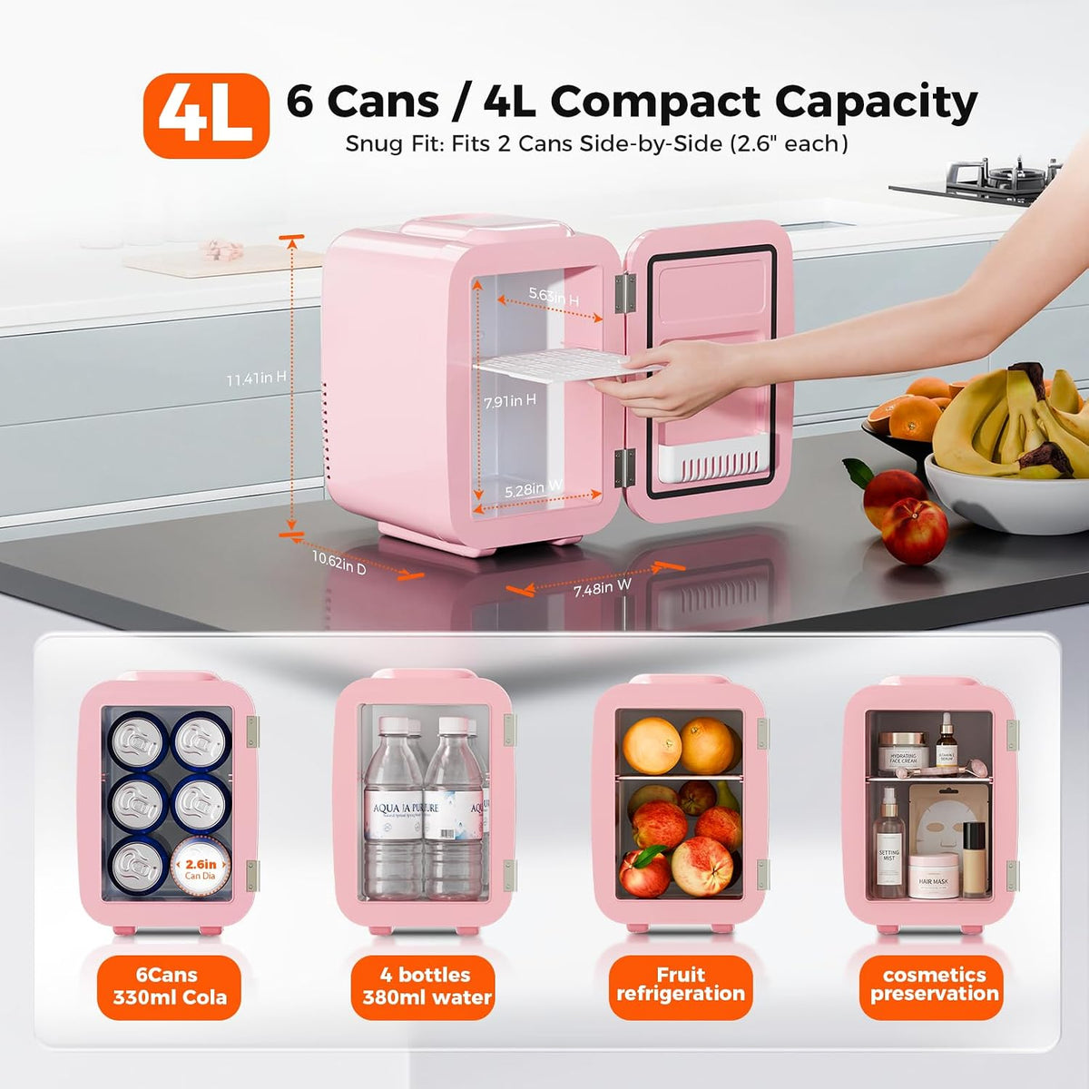 YASHE Mini Fridge, 4 Liter/6 Cans Portable Cooler and Warmer, AC/DC Power Small Fridge, Quiet Desk Skincare Fridge for Beauty Drinks Medicine, Mini Fridge for Bedrooms Office Dorm Car Travel, Pink