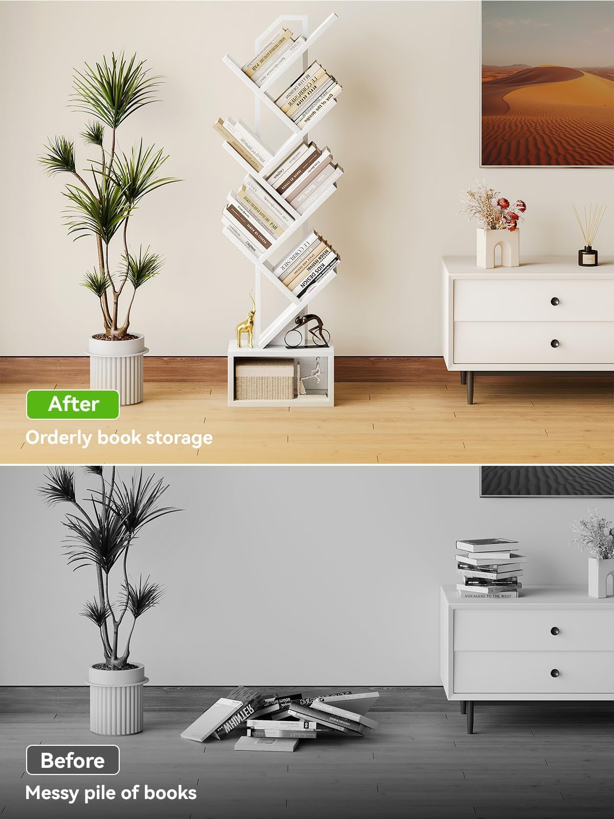Coleshome Tree Bookshelf, 6-Tier Floor Standing Bookcase, Bookcases suitable for bedrooms and living rooms, Wooden bookshelves suitable for bedrooms and living rooms, White