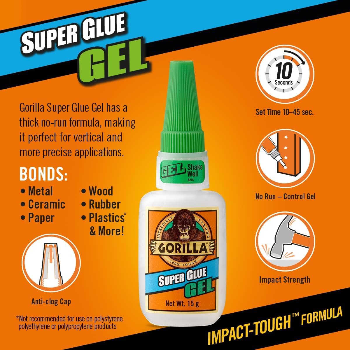 Gorilla Super Glue, 15g – All Purpose, Impact Tough & Fast Setting with Anti-Clog Cap Ideal for Metal, Ceramics, Leather & More
