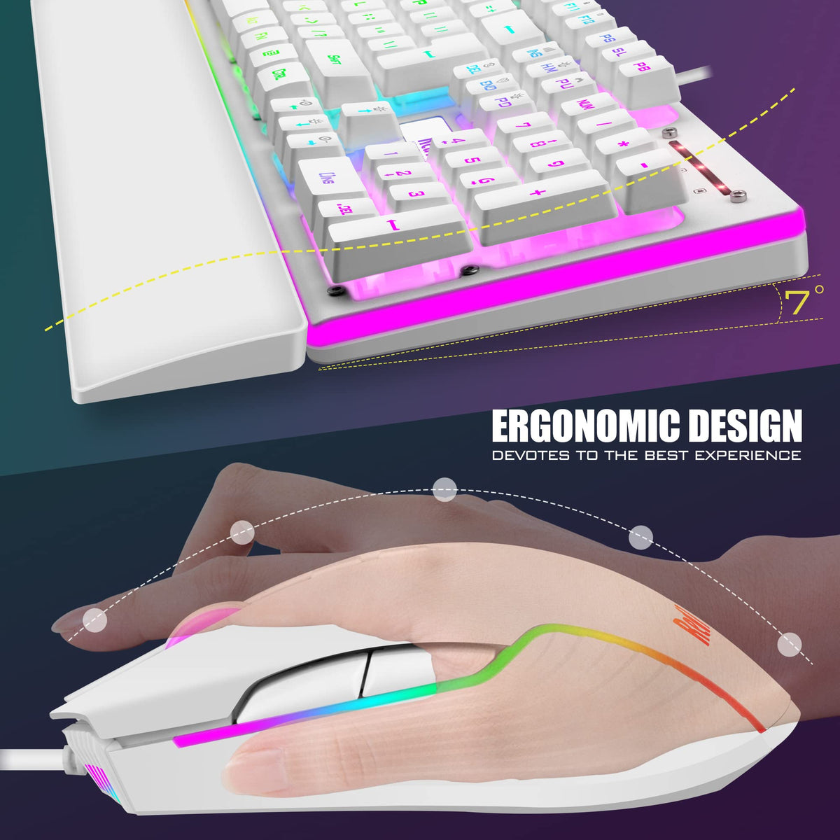 RedThunder K10 Wired Gaming Keyboard and Mouse Combo, UK Layout, True RGB Backlight, Soft Leather Wrist Rest, Ergonomic Anti-Ghosting Keyboard + 7D 7200 DPI Mouse for PC Mac (Gradient Gray)