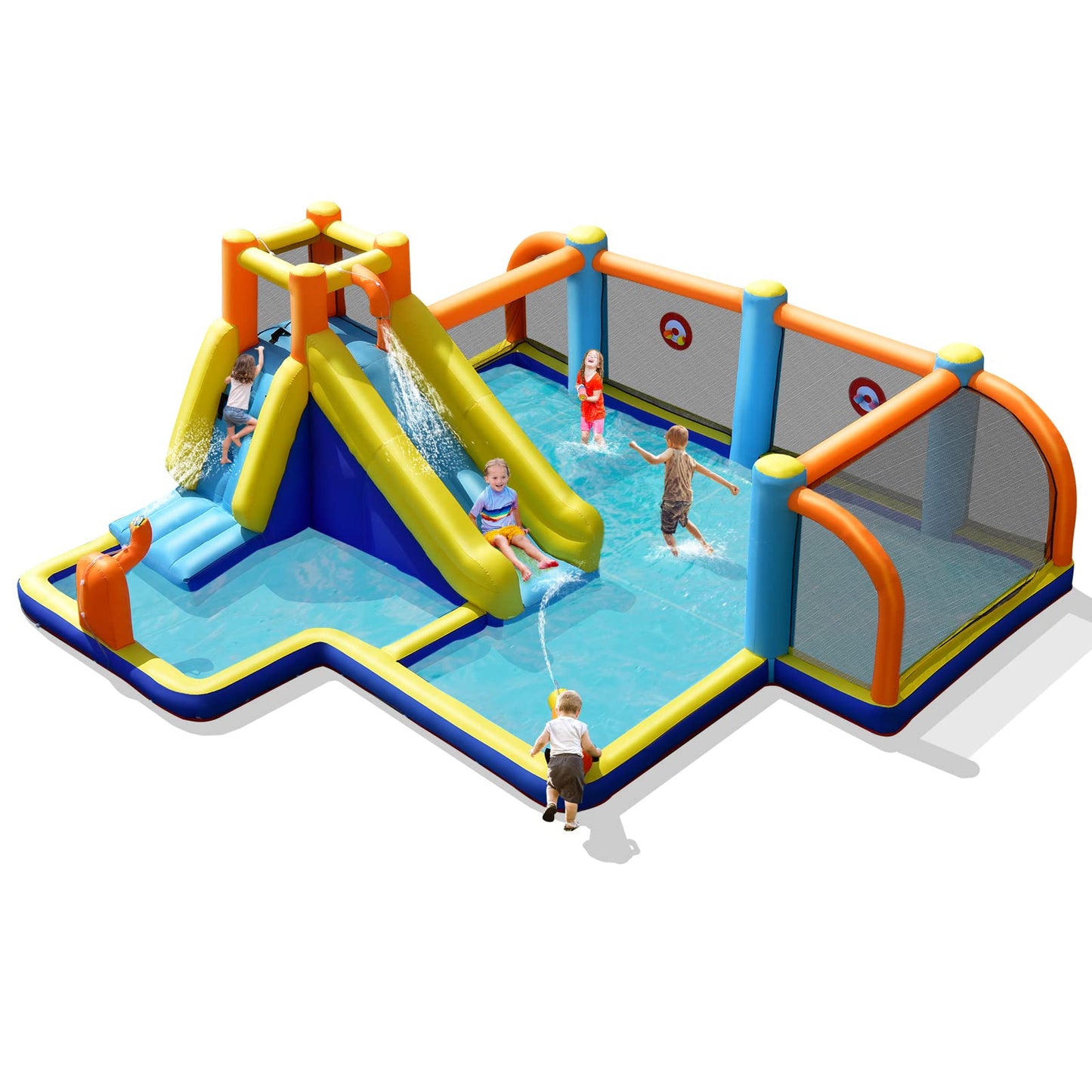 COSTWAY 5-in-1 Inflatable Water Park with Slide, Bouncy Castle, Football Field & Pool — Ages 3-12