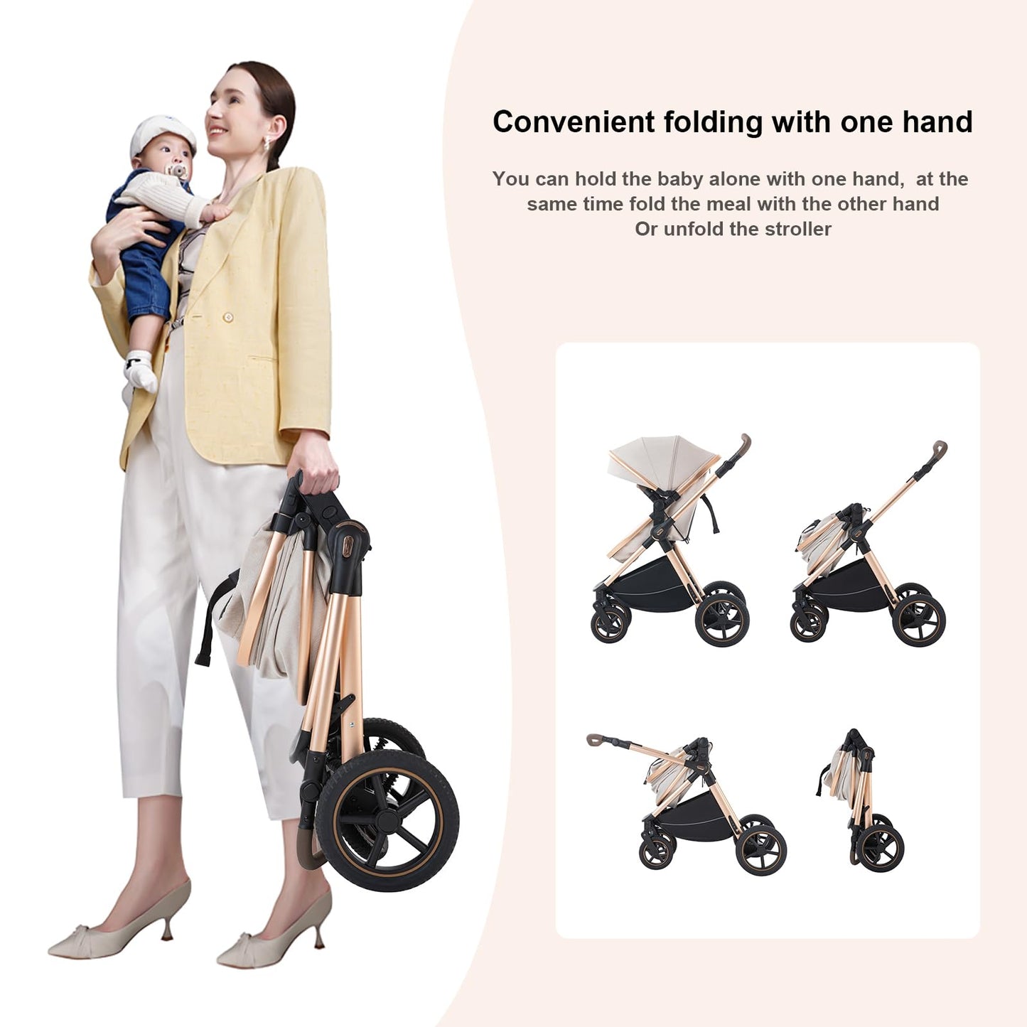Stroller 3 in 1 Travel System Aluminium Frame High Landscape Combined Strollers Lightweight Folding Pram for Newborns Toddlers 0-36 Months from Birth Aluminium Pushchair (D2/Pink, H2-D)