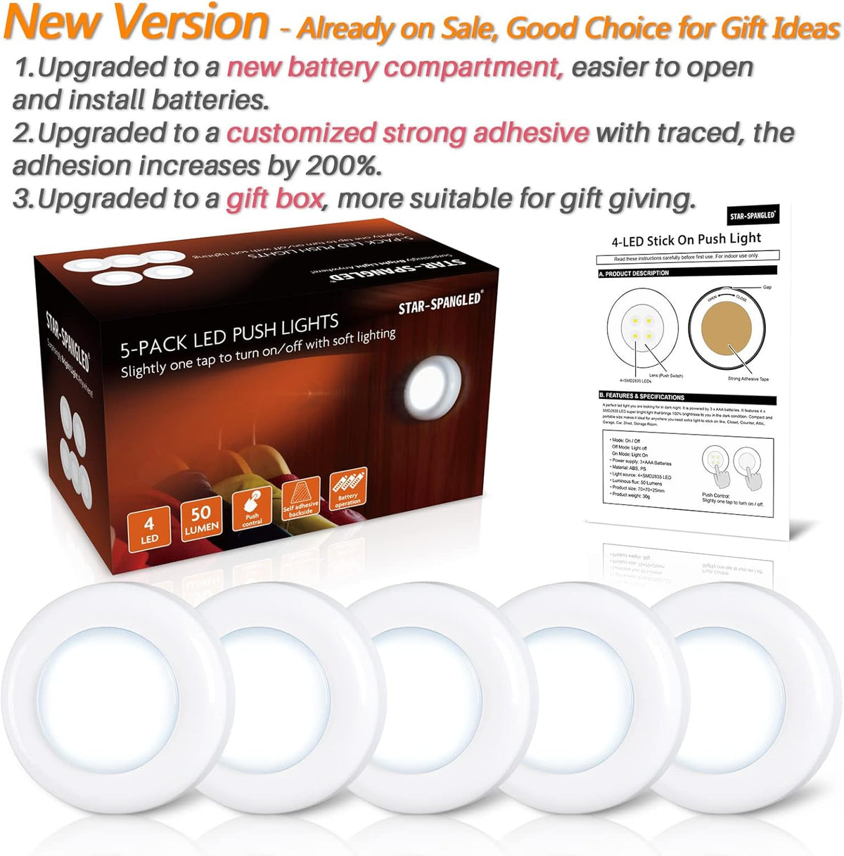 STAR-SPANGLED 2.8” Stick on Puck Lights AAA Battery Operated, 5 Pack White