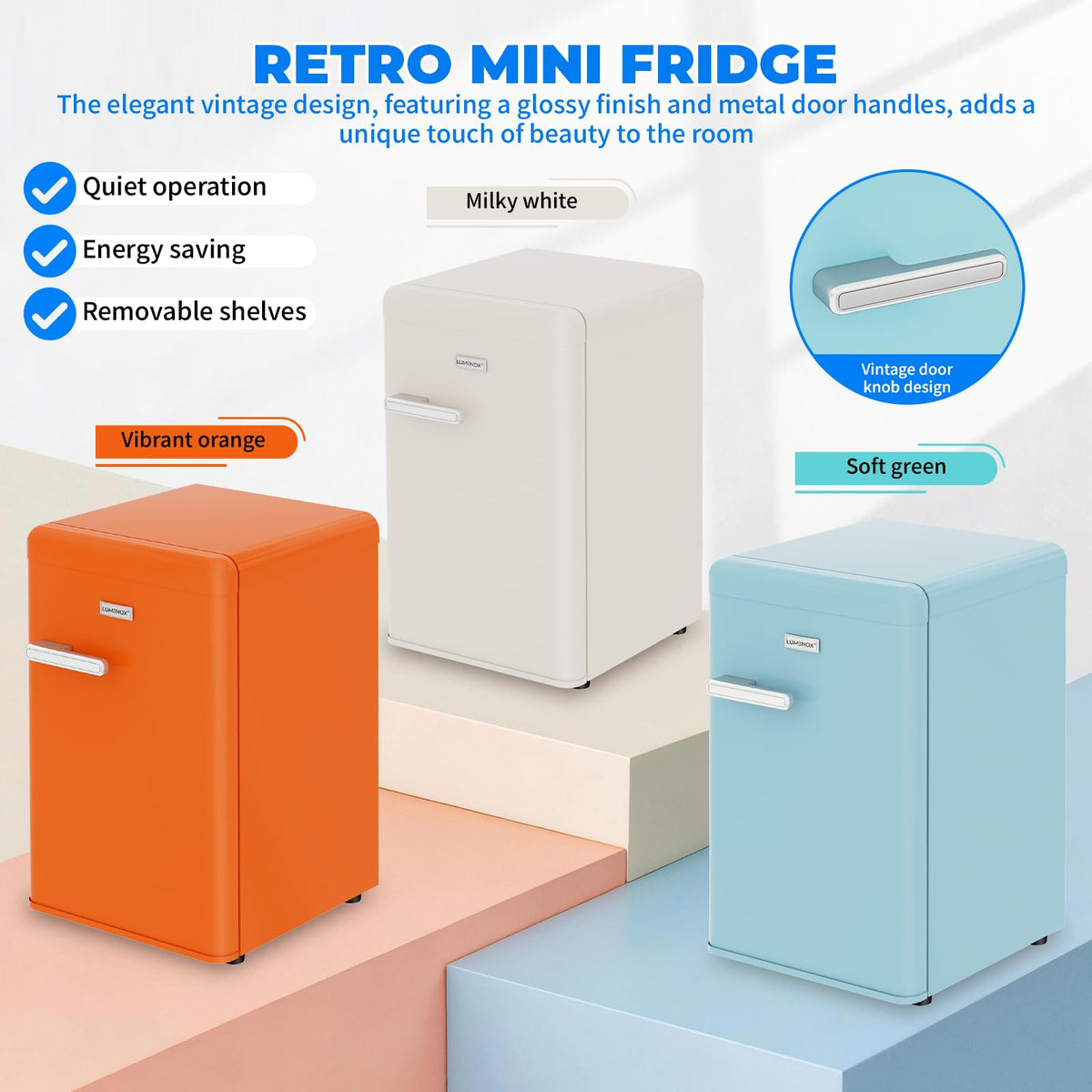 Retro Mini Fridge, 72L Compact Refrigerator, 43dB Quiet Operation, Adjustable 7-Temp Control, with LED Light, for Bedroom, Office, Kitchen & RV