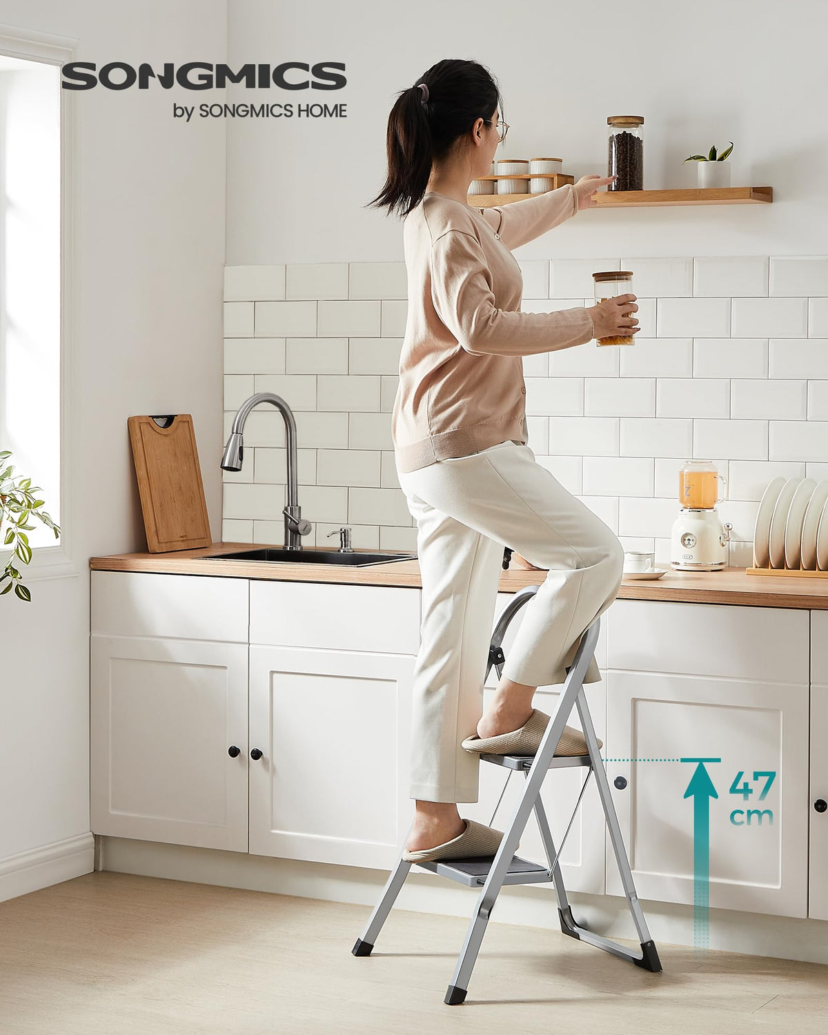 SONGMICS 2-Step Ladder, Folding Step Ladder, Safety, Holds up to 150KG