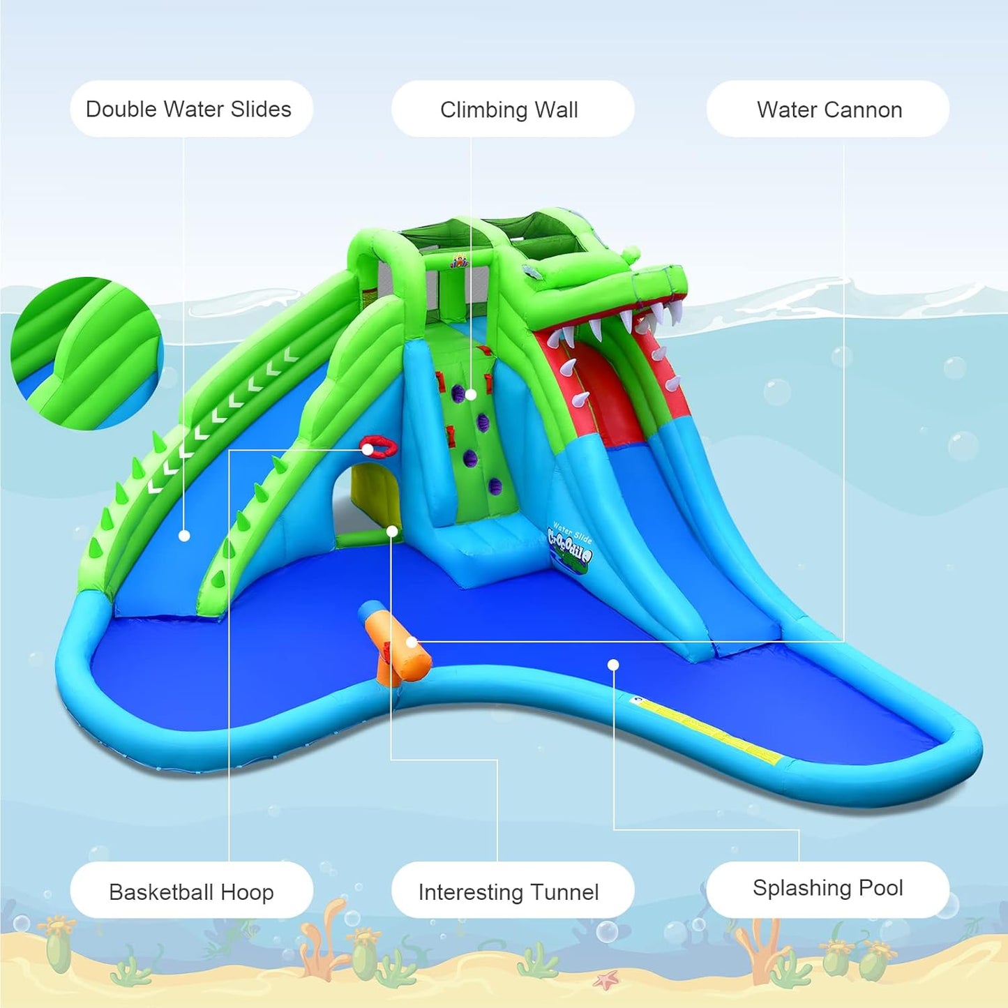 COSTWAY Giant Inflatable Water Park with Dual Slides, Climbing Wall & Pool — 558x504cm | Ages 3-12