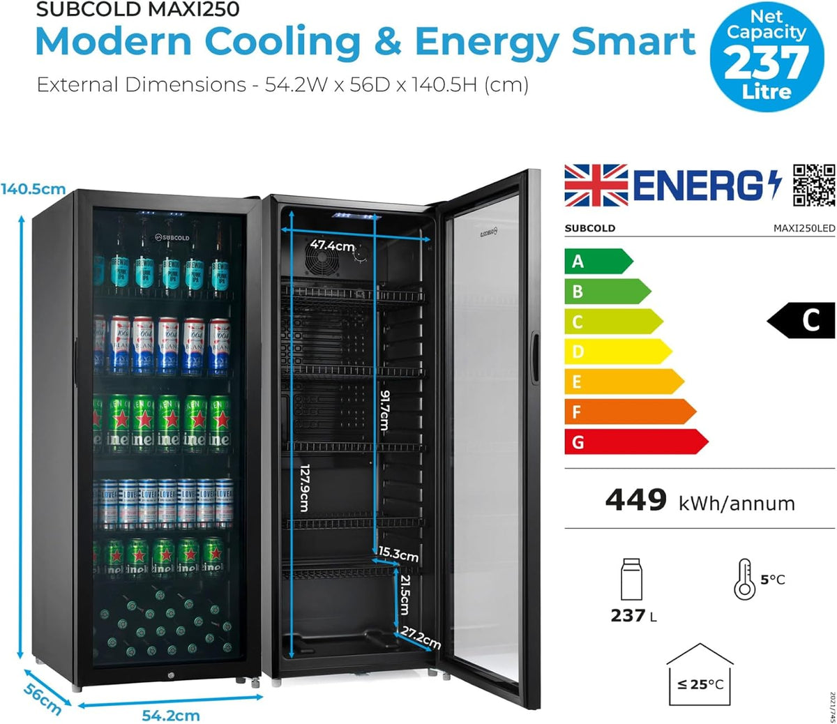 Subcold Maxi250 Tall Drinks Fridge | 4-18°C | Glass Door | Auto Defrost