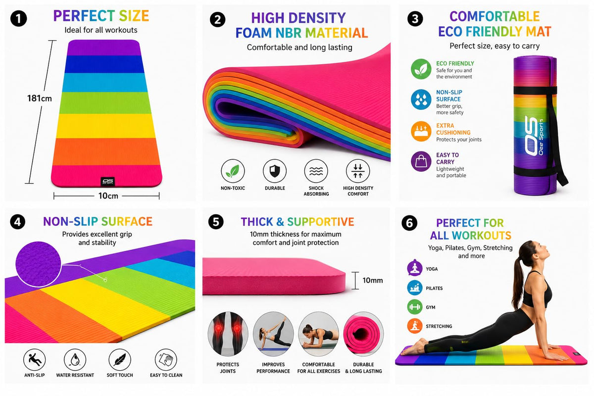 OZE SPORTS Yoga Mat, NBR Foam, Extra Thick, Non-Slip, High Density, Large, for Pilates, Gymnastics, HiiT and Fitness, with Free Carry Strap