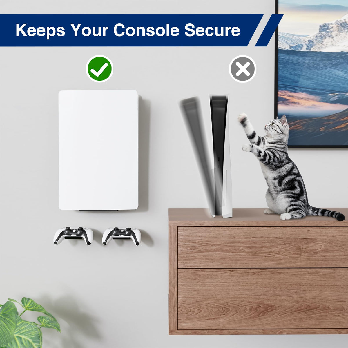pickpiff PS5 Wall Mount Bracket, Compatible with All PlayStation 5 Models (Disc, Digital, Slim & Pro), Adjustable Console Holder with 2 Controller Holders, White