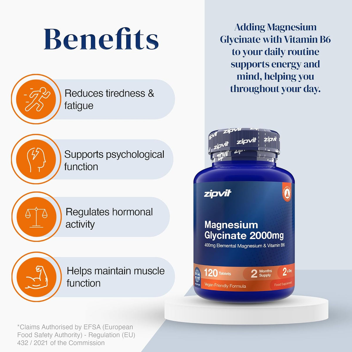 Zipvit Magnesium Glycinate 2000mg with Vitamin B6, 120 Tablets - Vegan