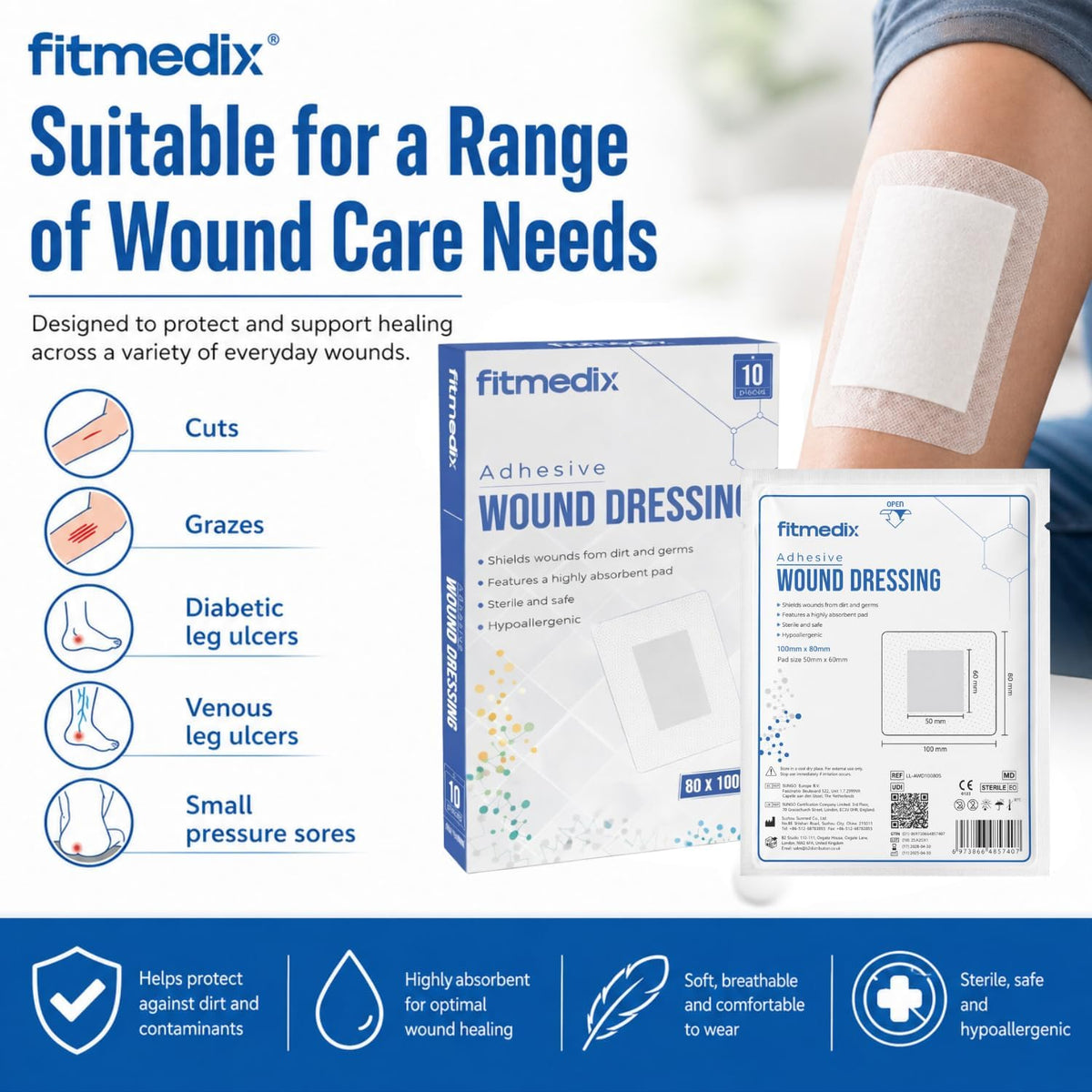 FitMedix Adhesive Wound Dressings (80mm x 100mm)- **Pack of 10** Sterile Dressings for Wounds, Cuts, Grazes, Diabetic Leg Ulcers, Venous Leg Ulcers & Small Pressure Sores- Hypoallergenic Plasters