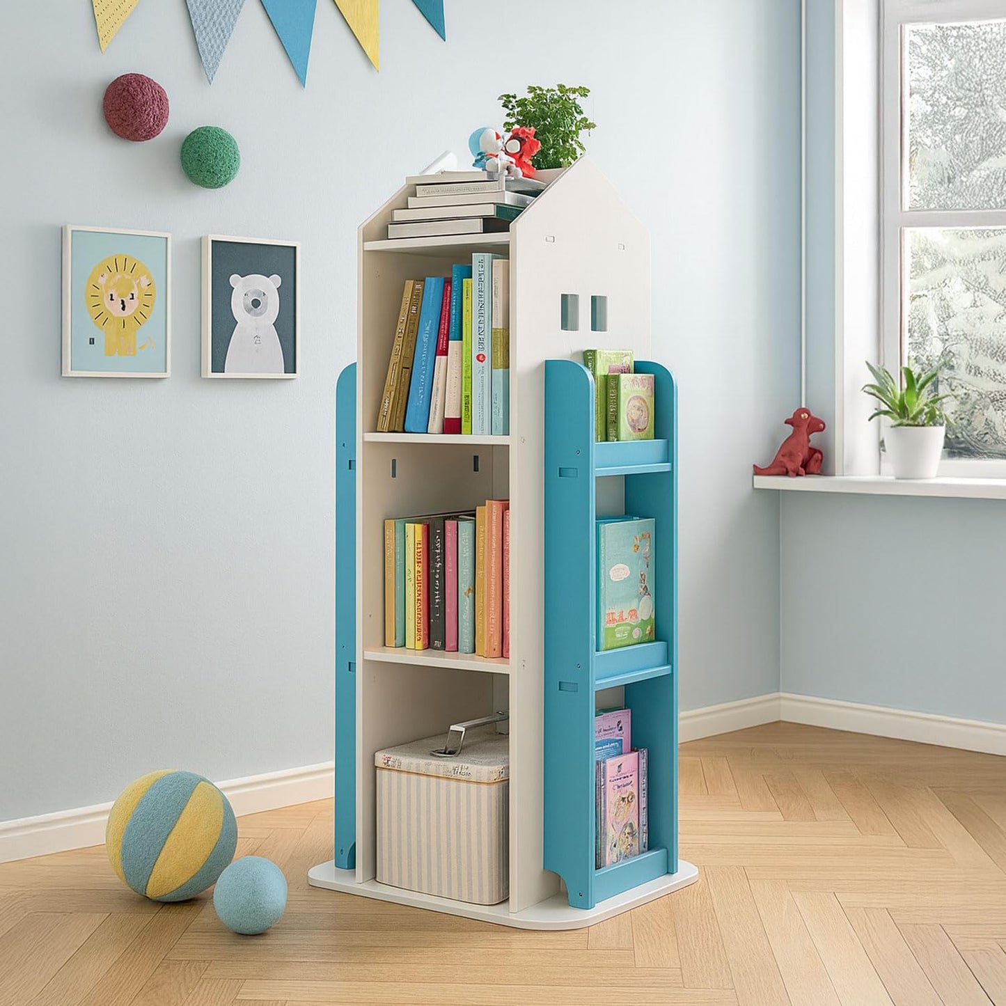 Neo House Shaped 360° Rotating Kids' Children's Freestanding Bookshelf Bookcase 10 Shelf Shelve Space‑Saving Design (White)