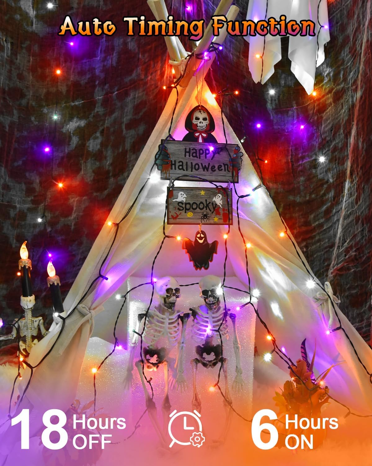 Dalugo Halloween Decoration Lights, 5M 50 LED Orange Purple White Fairy Lights with Timer, IP65 Waterproof Battery Powered Lights for Indoor Outdoor Autumn Halloween Decorations(Green Wire)