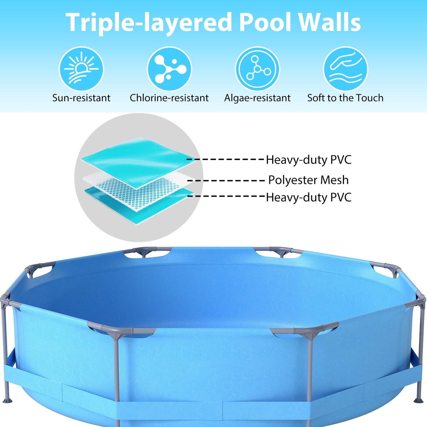 COSTWAY Above Ground Swimming Pool, Outdoor Round/Rectangular Large Framed Pool Set, Metal Frame Garden Family Pools for Kids and Adults (Gray, 300 x 207 x 66 cm, Rectangular)