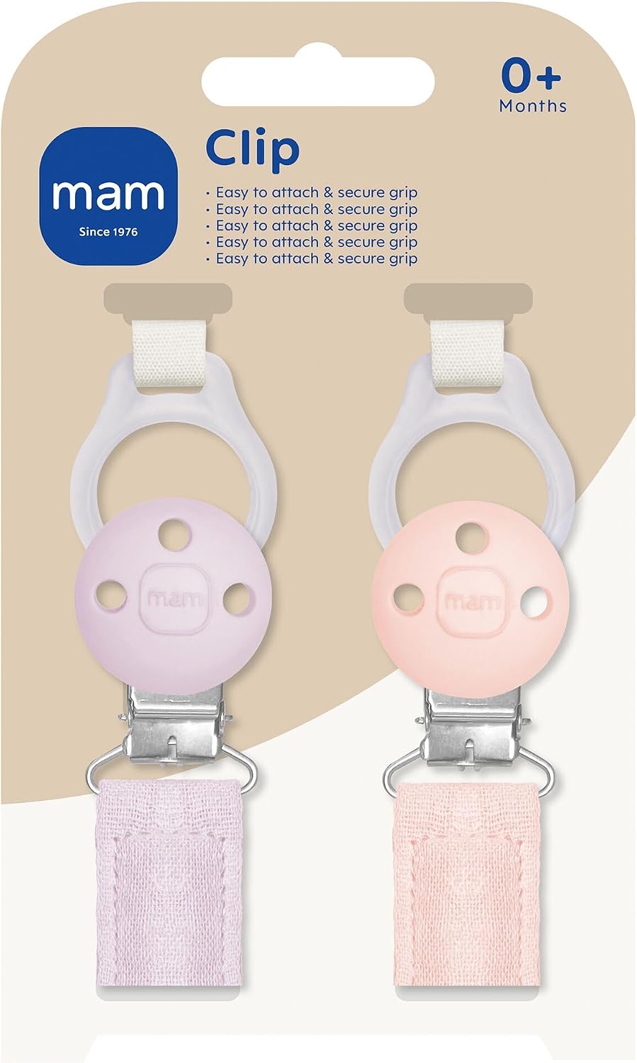 MAM Dummy Clip | 2 Pack | Baby Soother Clips Fit All MAM Soothers | Adjustable Length and Lightweight Design | Baby Accessories | Pink | Dummies Not Included