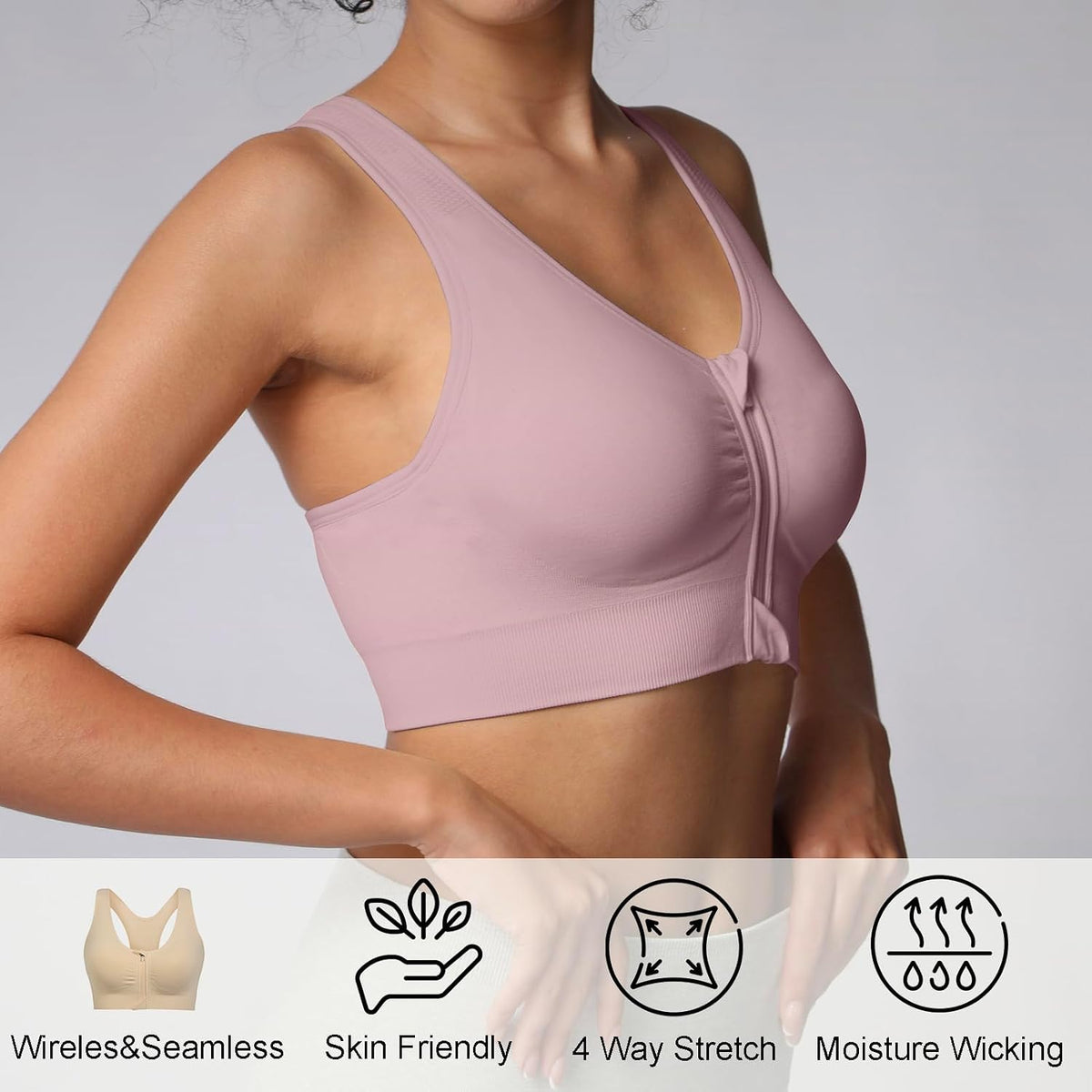 Lemef Front Zipper Sports Bras High Impack Post Op Compression Bras for Women Post Surgery Wireless Racerback Yoga Bra