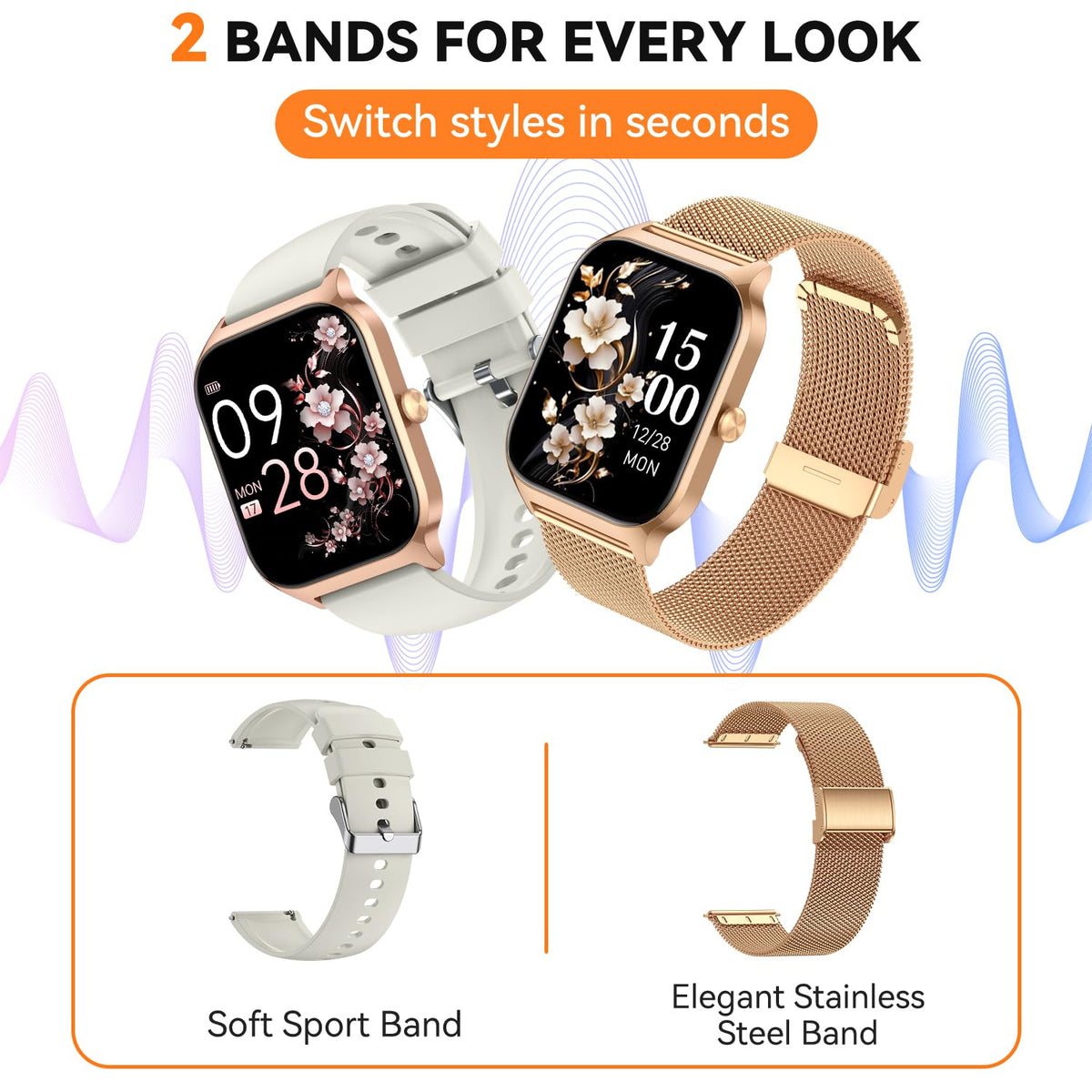 Smart Watch for Women Men - Answer/Make Call, Fitness Tracker Smartwatch for Android iPhone Compatible, Sleep Female Cycle, 120+ Sports Modes Step Counter (Blue, 2 Straps)
