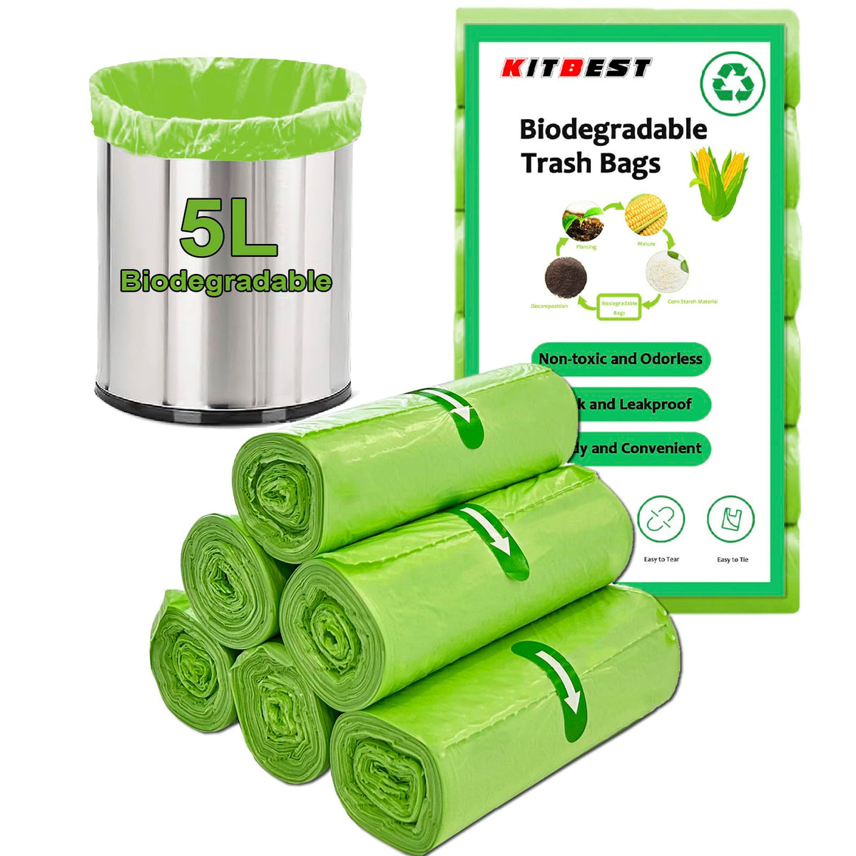 KITBEST 10L Biodegradable Bin Liners 120 Count Food Waste Trash Bags Small